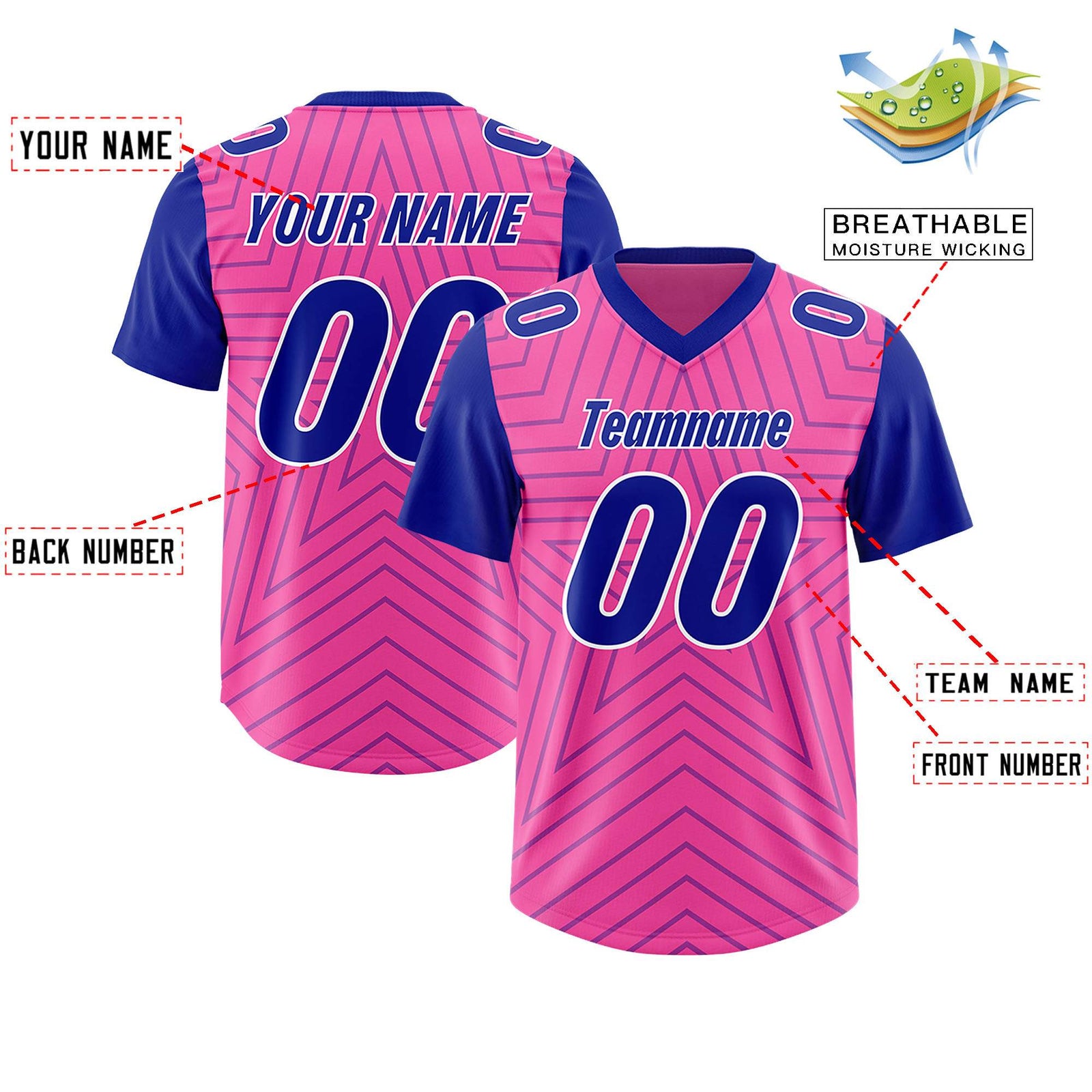 Custom Pink Royal Personalized Star Pattern Raglan Sleeves Authentic Football Jersey