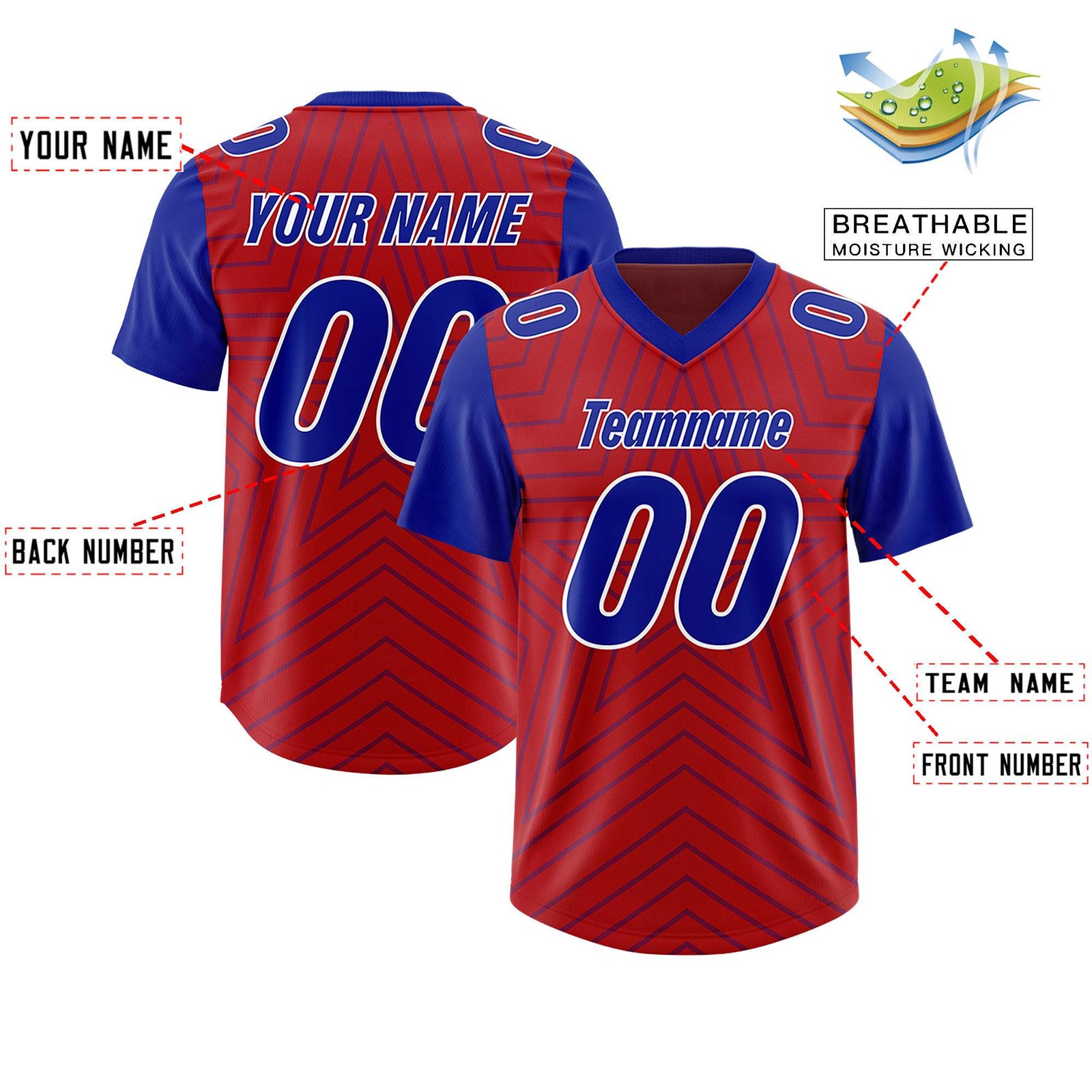 Custom Red Royal Personalized Star Pattern Raglan Sleeves Authentic Football Jersey