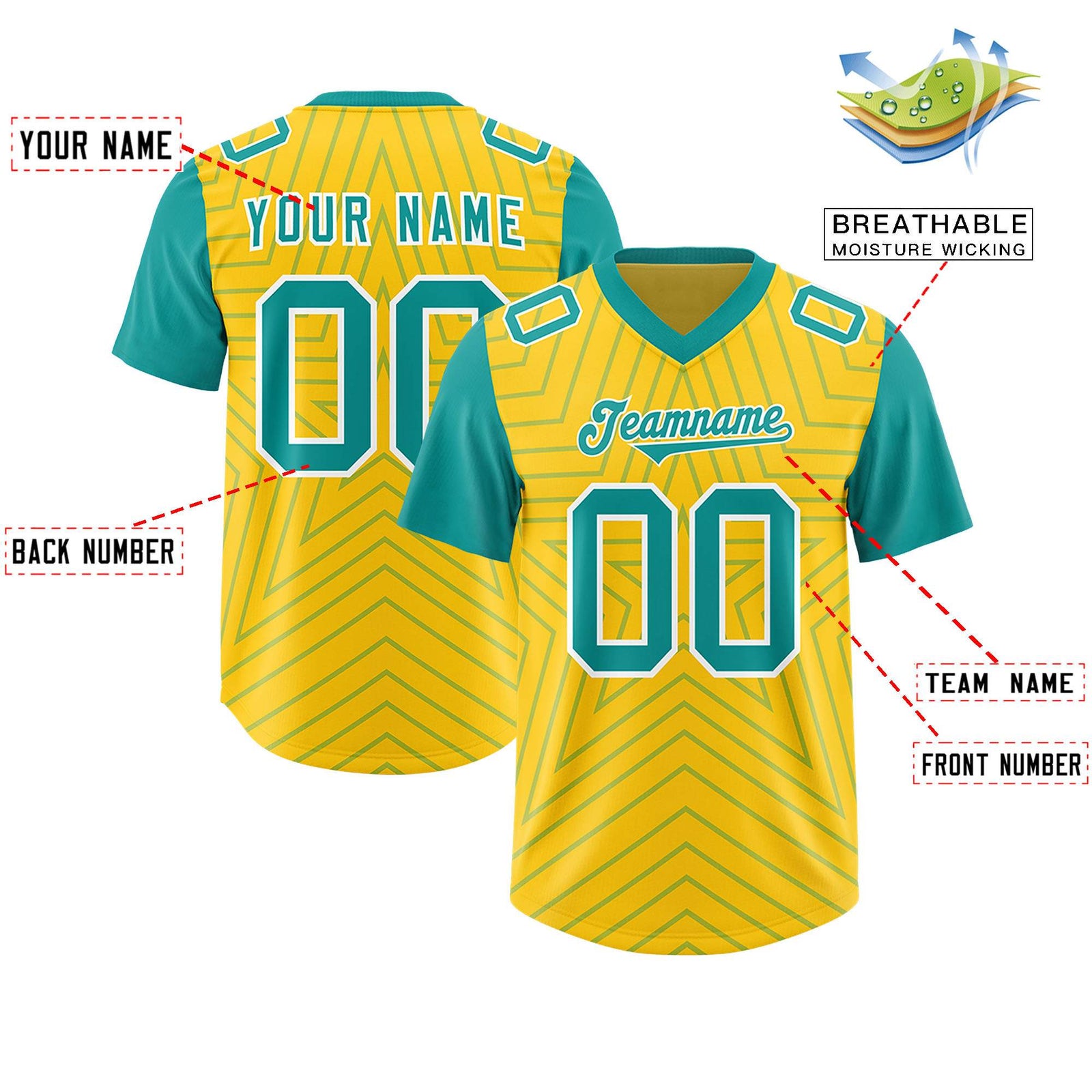 Custom Gold Aqua Personalized Star Pattern Raglan Sleeves Authentic Football Jersey