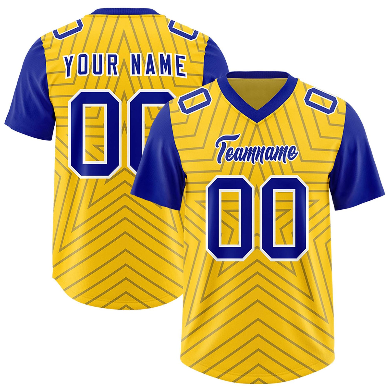 Custom Gold Royal Personalized Star Pattern Raglan Sleeves Authentic Football Jersey