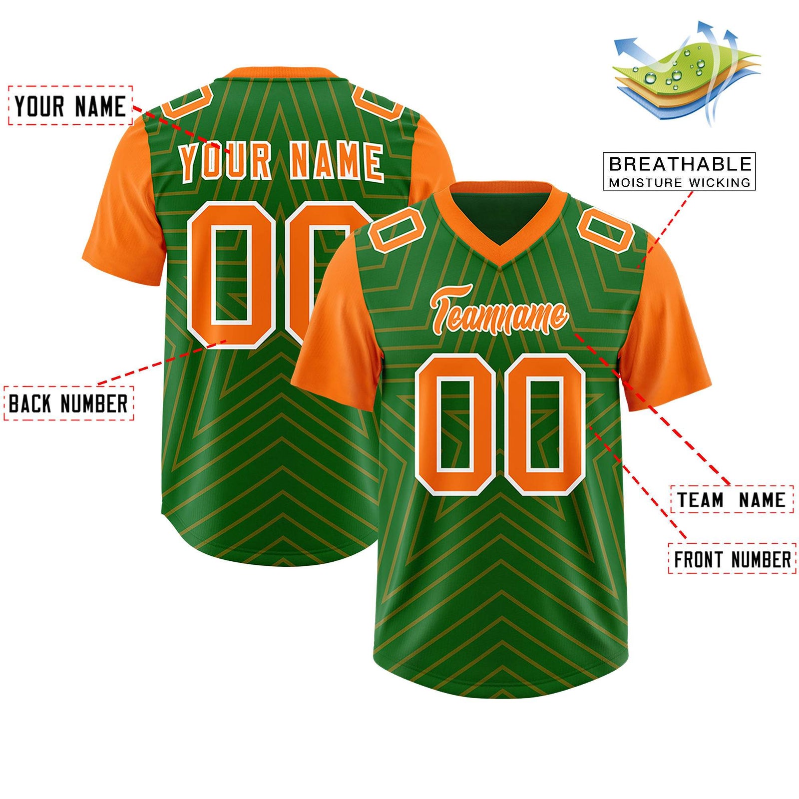 Custom Kelly Green Orange Personalized Star Pattern Raglan Sleeves Authentic Football Jersey