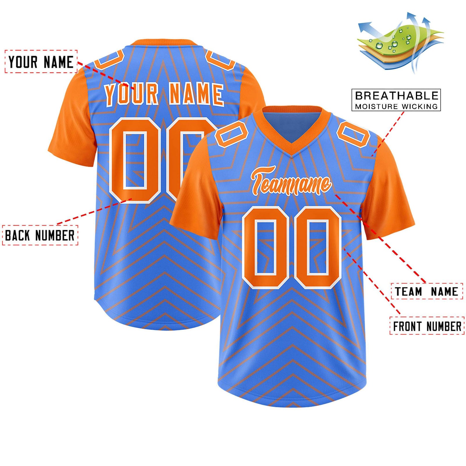 Custom Powder Blue Orange Personalized Star Pattern Raglan Sleeves Authentic Football Jersey