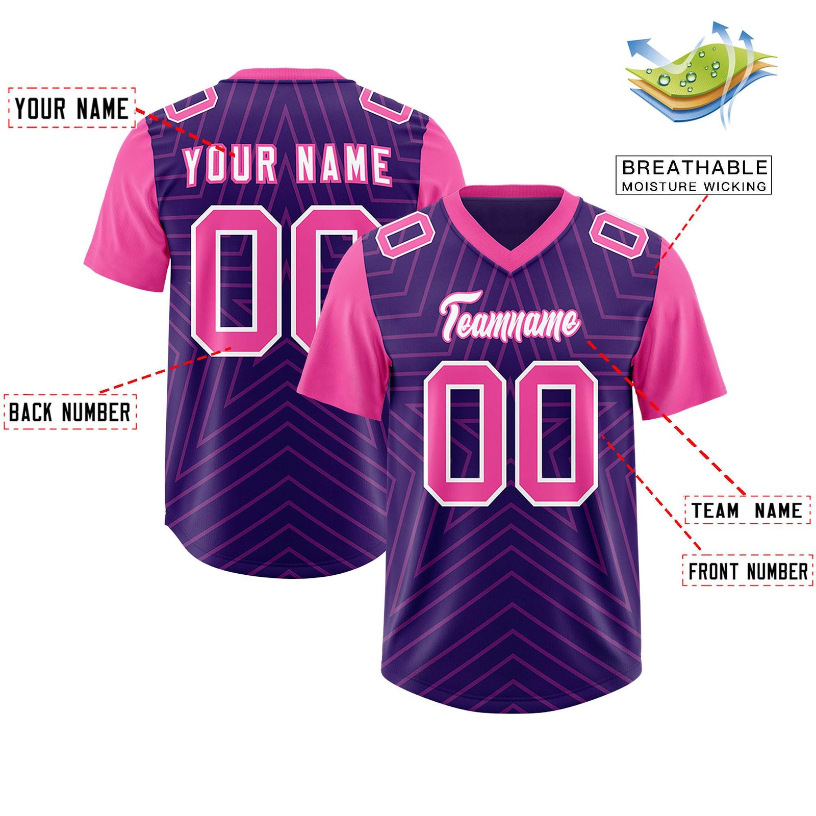 Custom Purple Pink Personalized Star Pattern Raglan Sleeves Authentic Football Jersey