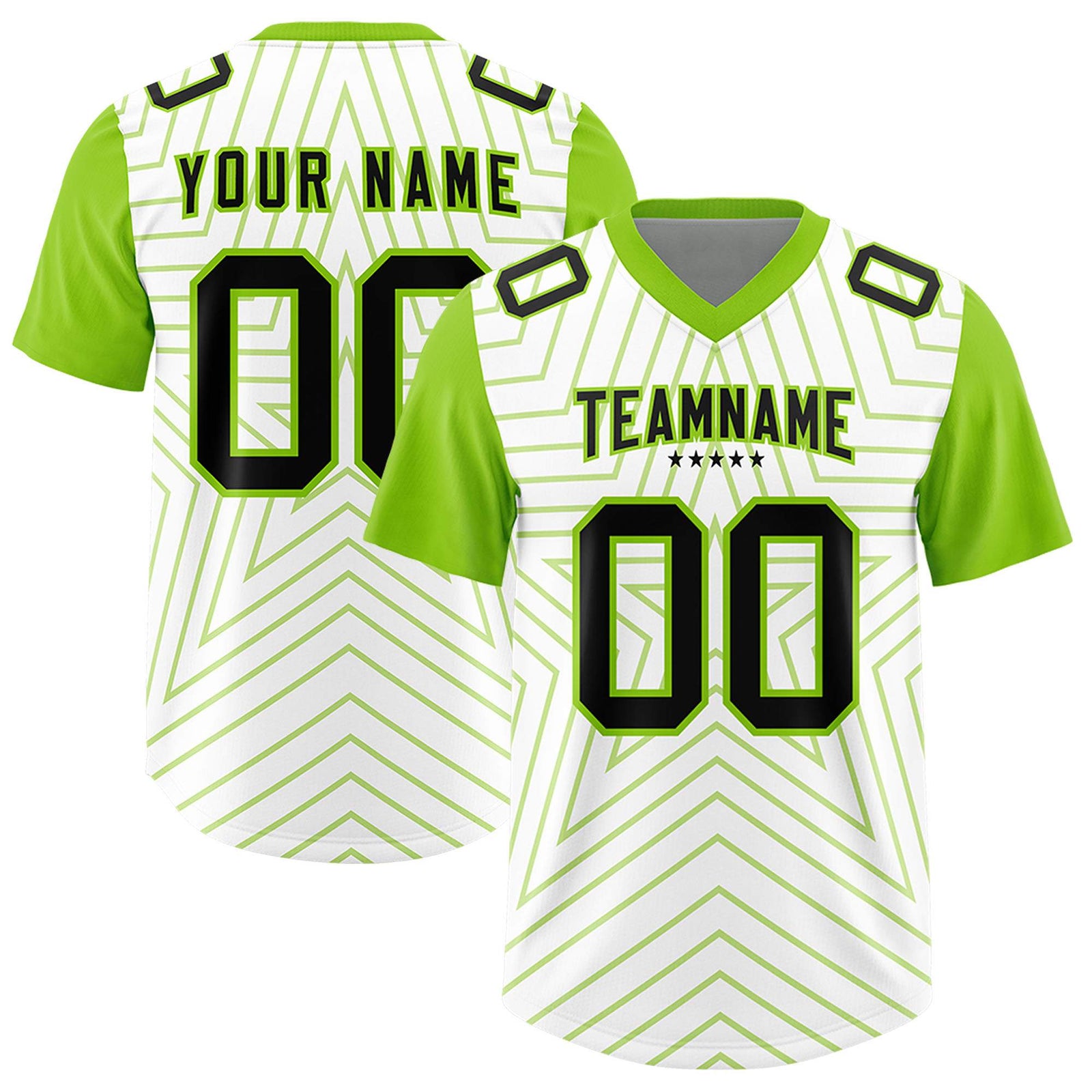 Custom White Neon Green Personalized Star Pattern Raglan Sleeves Authentic Football Jersey