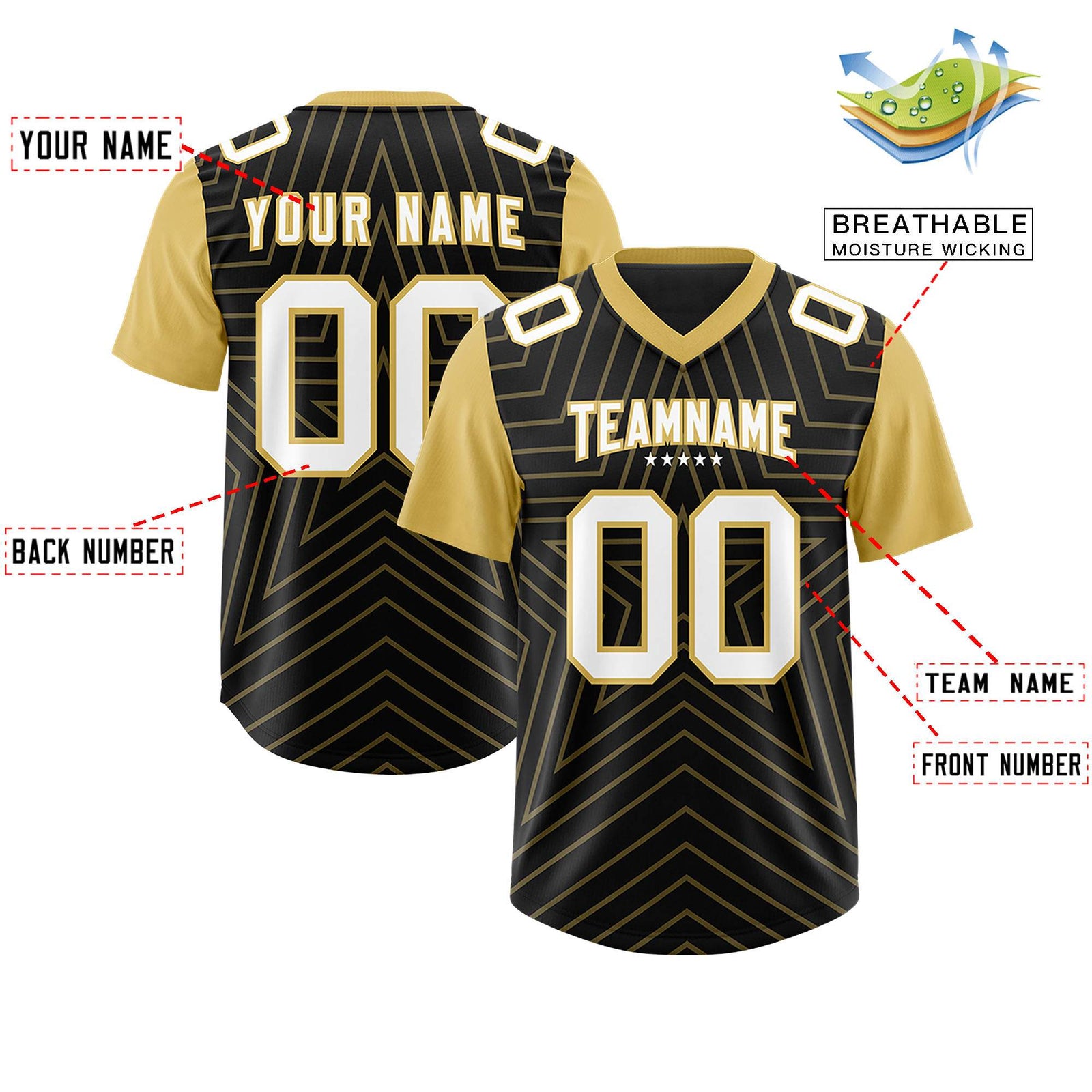 Custom Black Old Gold Personalized Star Pattern Raglan Sleeves Authentic Football Jersey