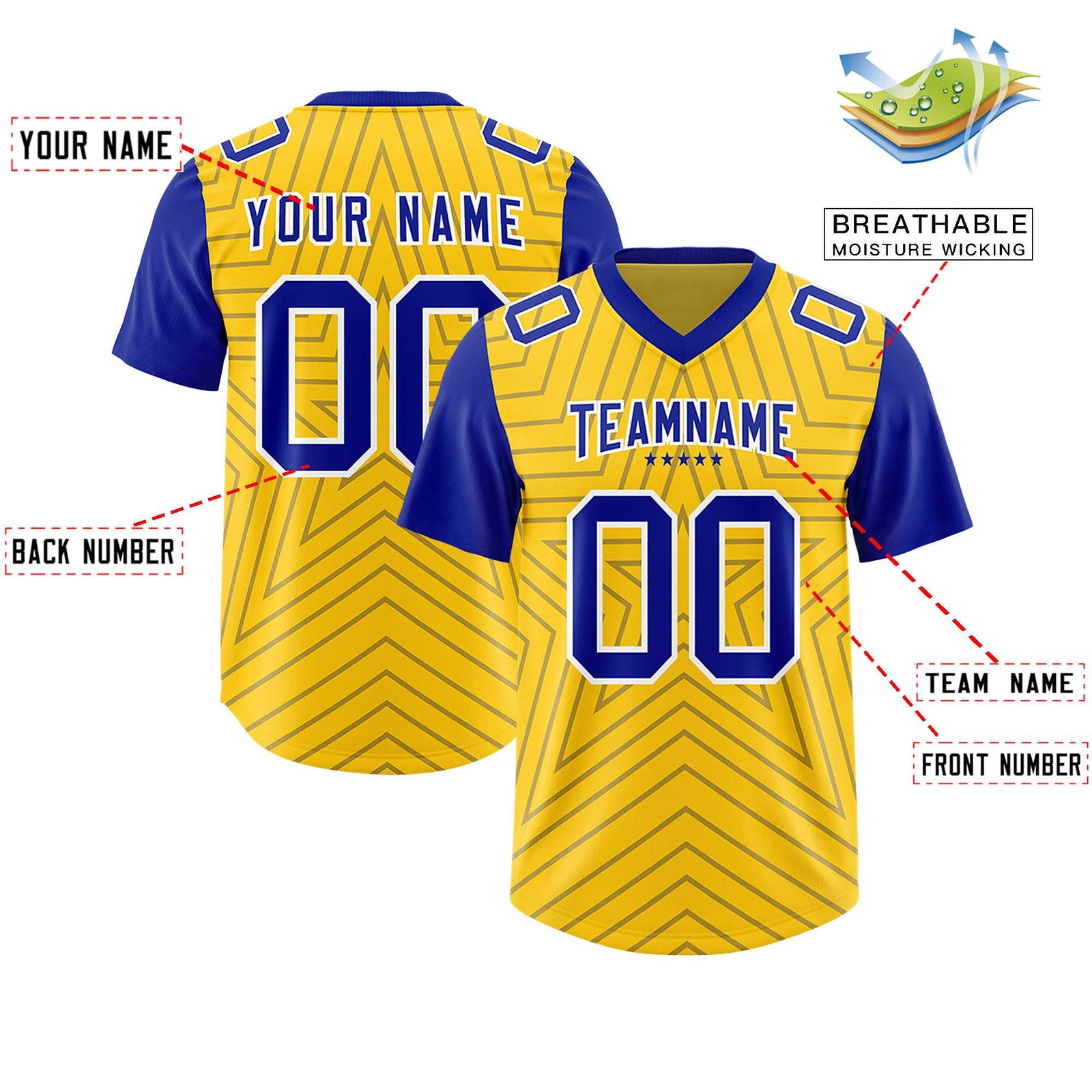 Custom Gold Royal Personalized Star Pattern Raglan Sleeves Authentic Football Jersey