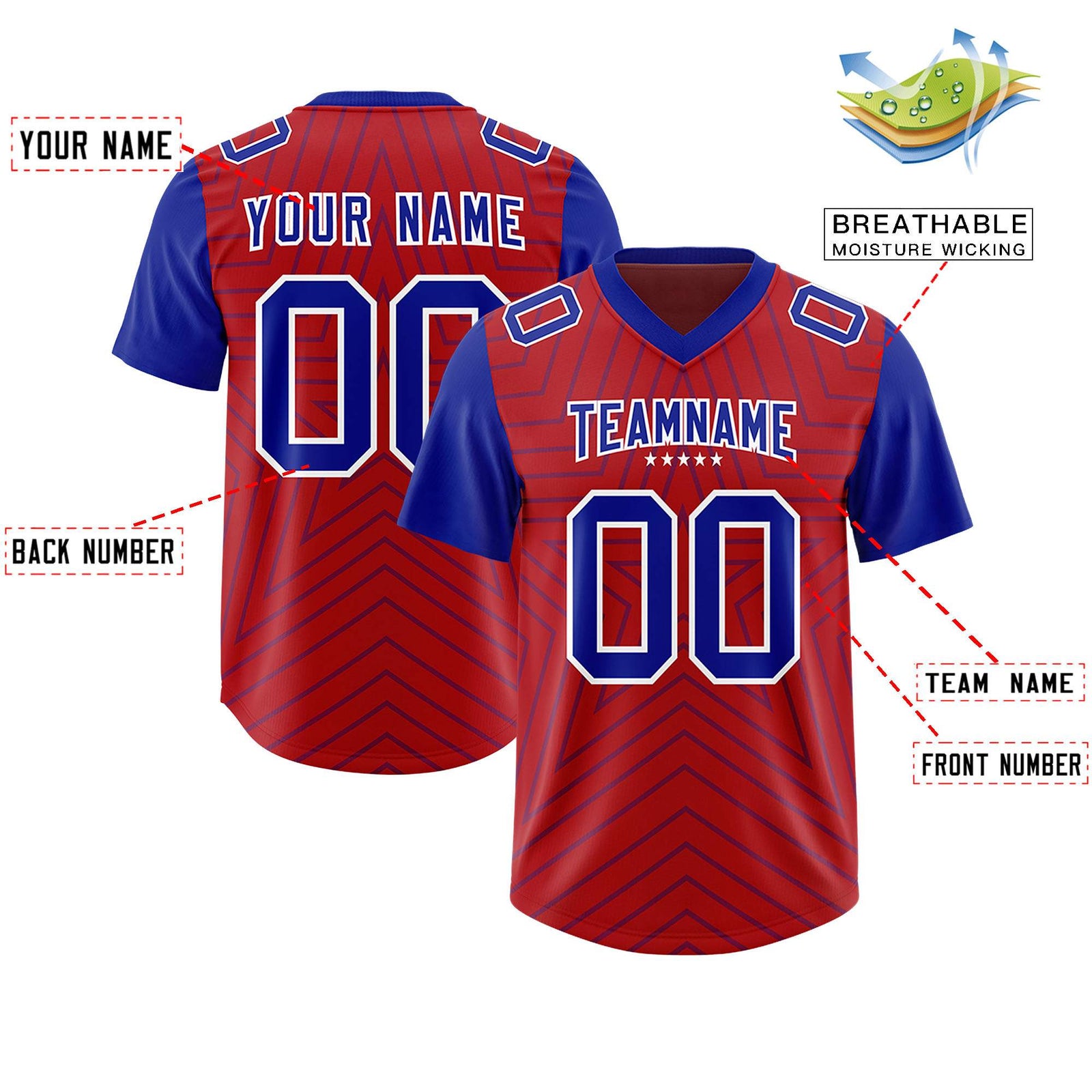 Custom Red Royal Personalized Star Pattern Raglan Sleeves Authentic Football Jersey