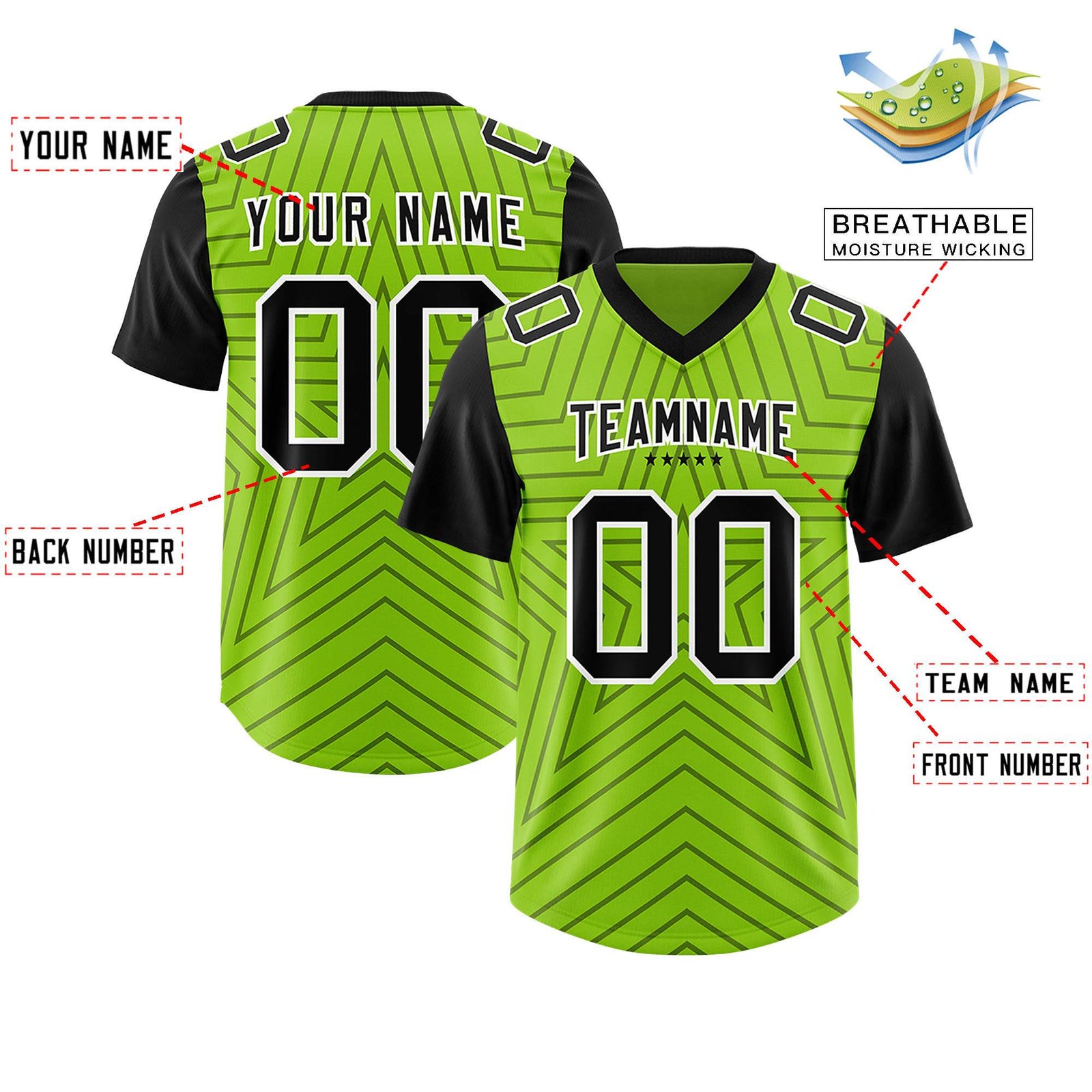 Custom Neon Green Black Personalized Star Pattern Raglan Sleeves Authentic Football Jersey