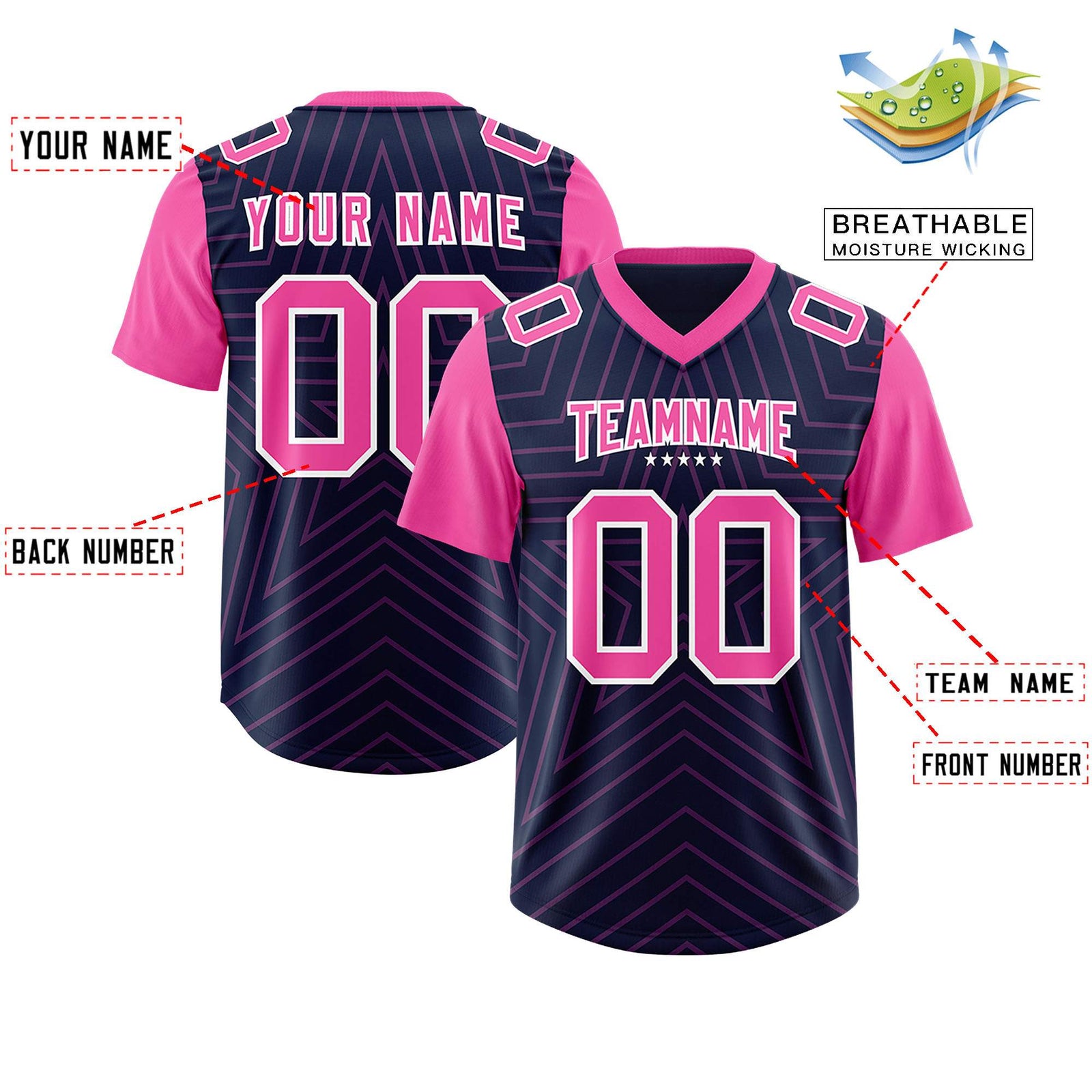 Custom Navy Pink Personalized Star Pattern Raglan Sleeves Authentic Football Jersey