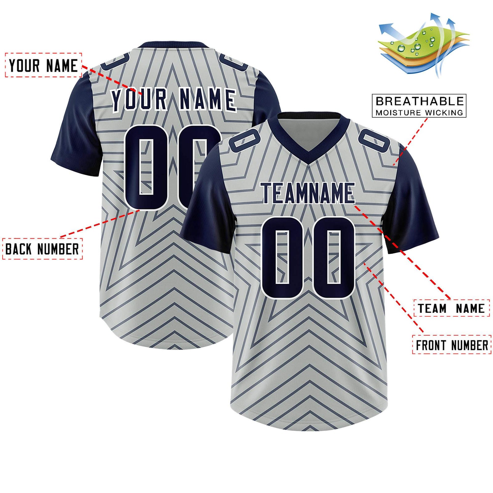 Custom Gray Navy Personalized Star Pattern Raglan Sleeves Authentic Football Jersey