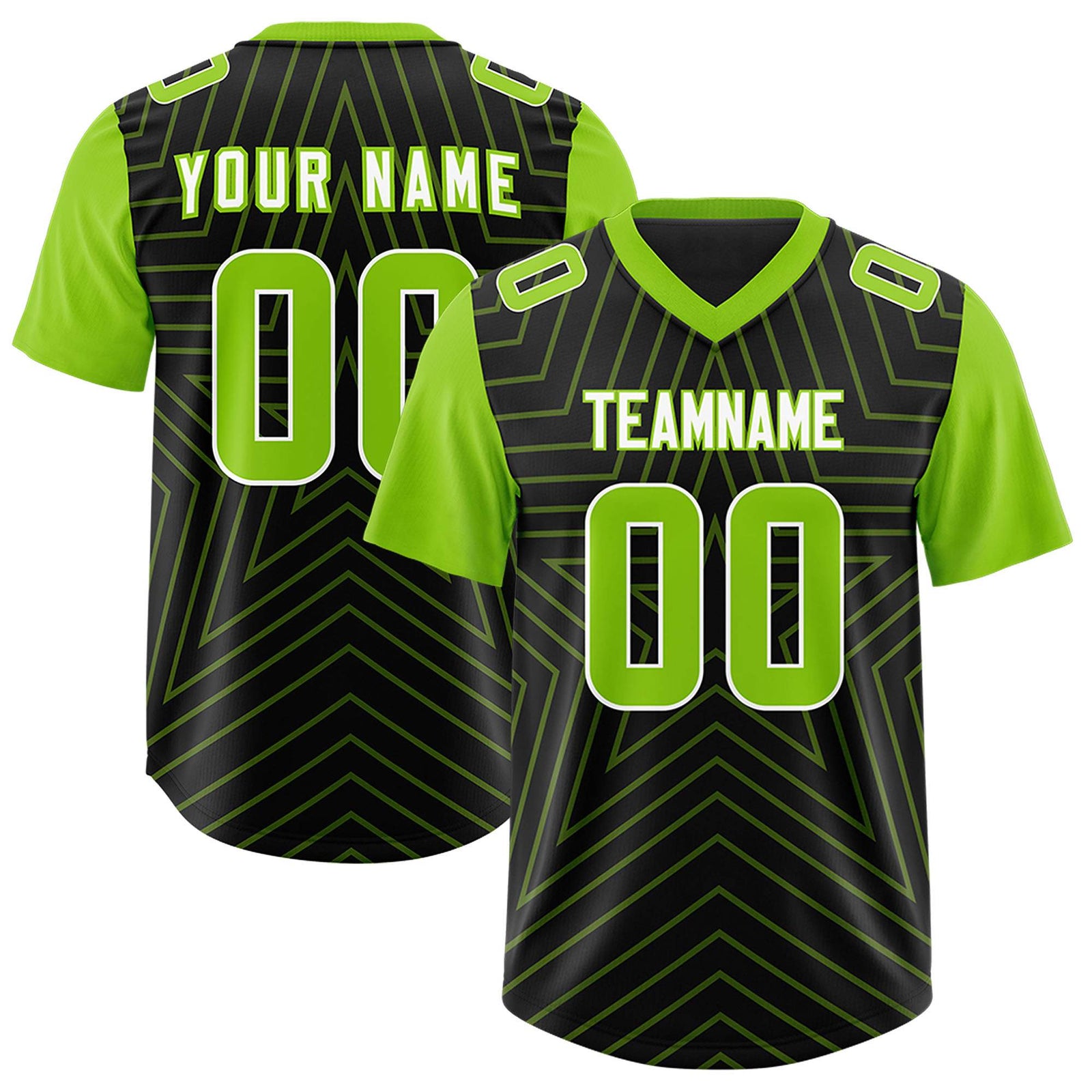 Custom Black Neon Green Personalized Star Pattern Raglan Sleeves Authentic Football Jersey
