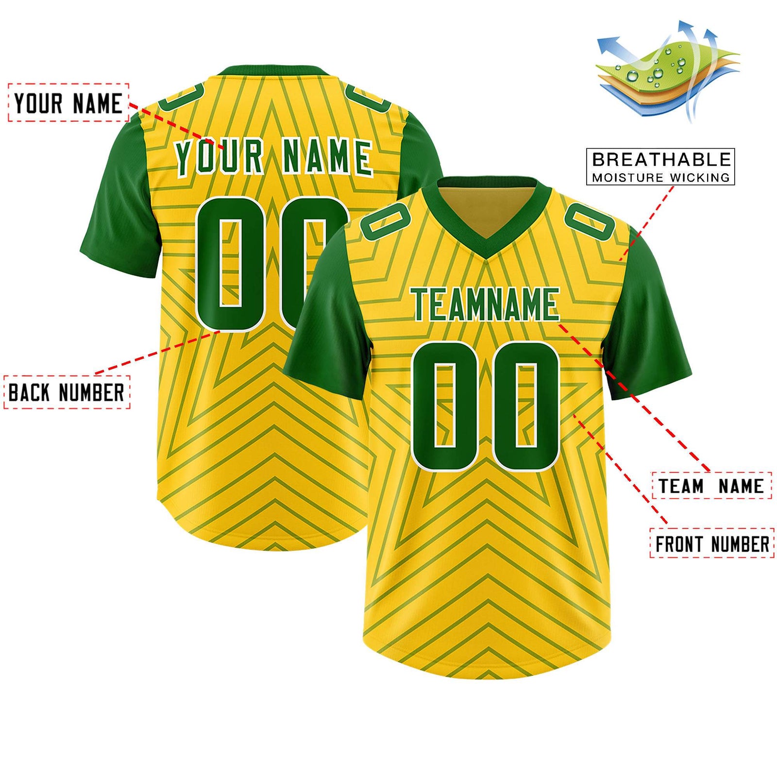 Custom Gold Kelly Green Personalized Star Pattern Raglan Sleeves Authentic Football Jersey