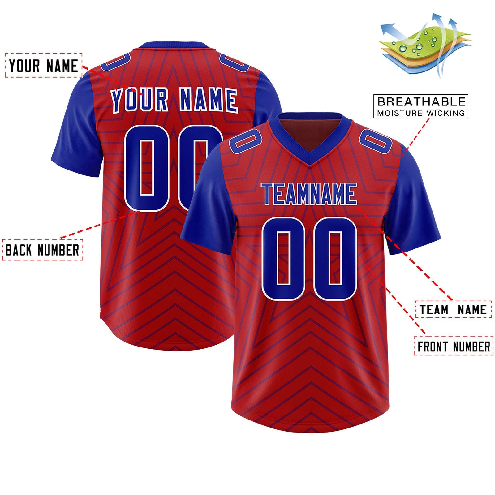Custom Red Royal Personalized Star Pattern Raglan Sleeves Authentic Football Jersey