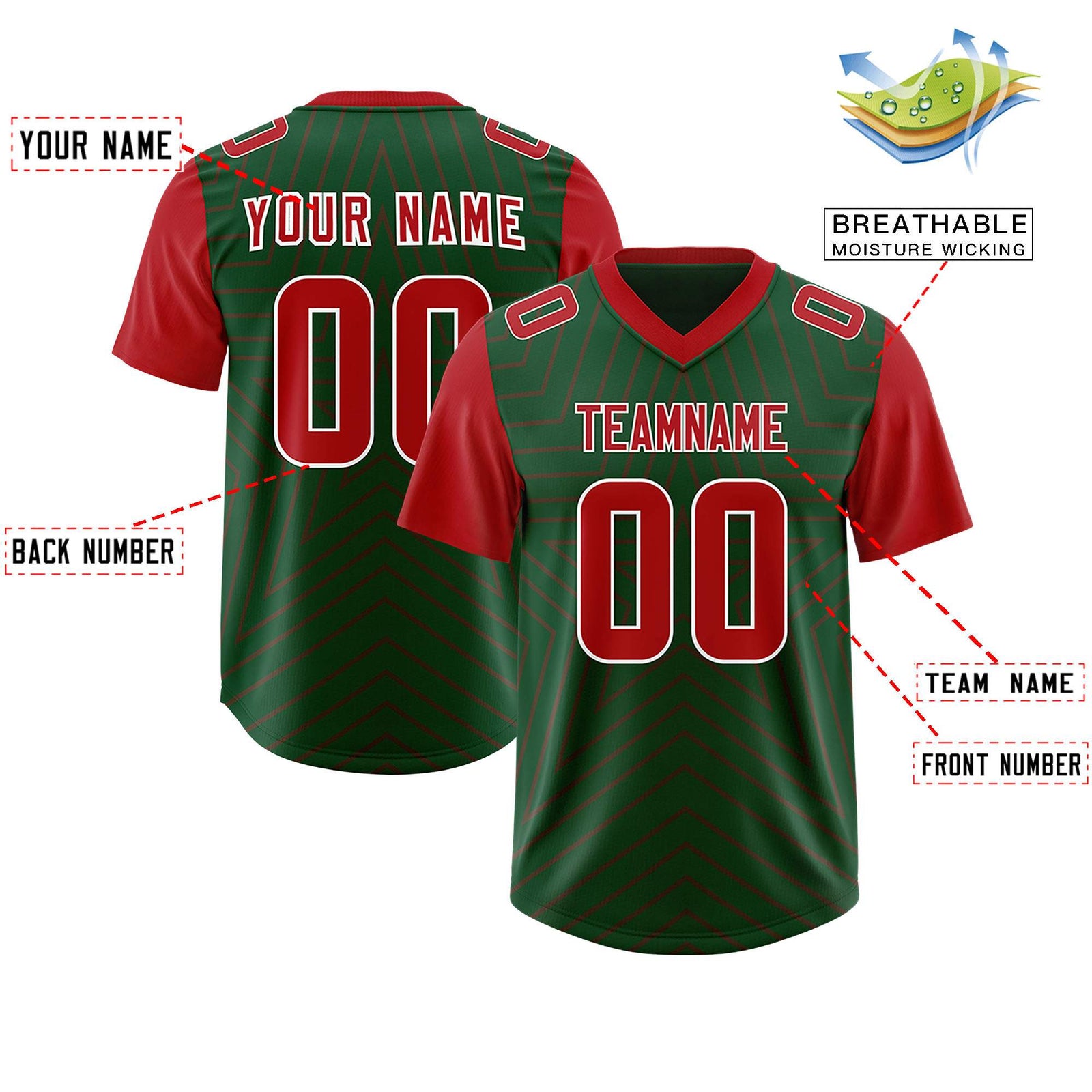 Custom Green Red Personalized Star Pattern Raglan Sleeves Authentic Football Jersey