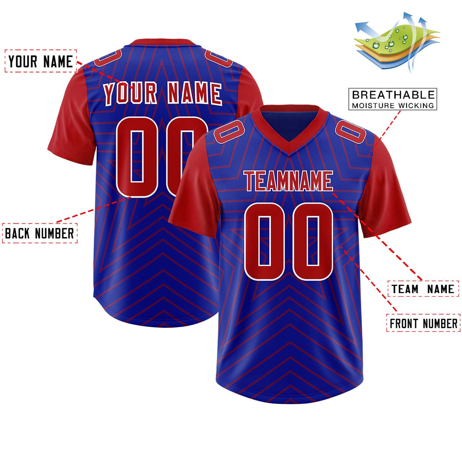 Custom Royal Red Personalized Star Pattern Raglan Sleeves Authentic Football Jersey