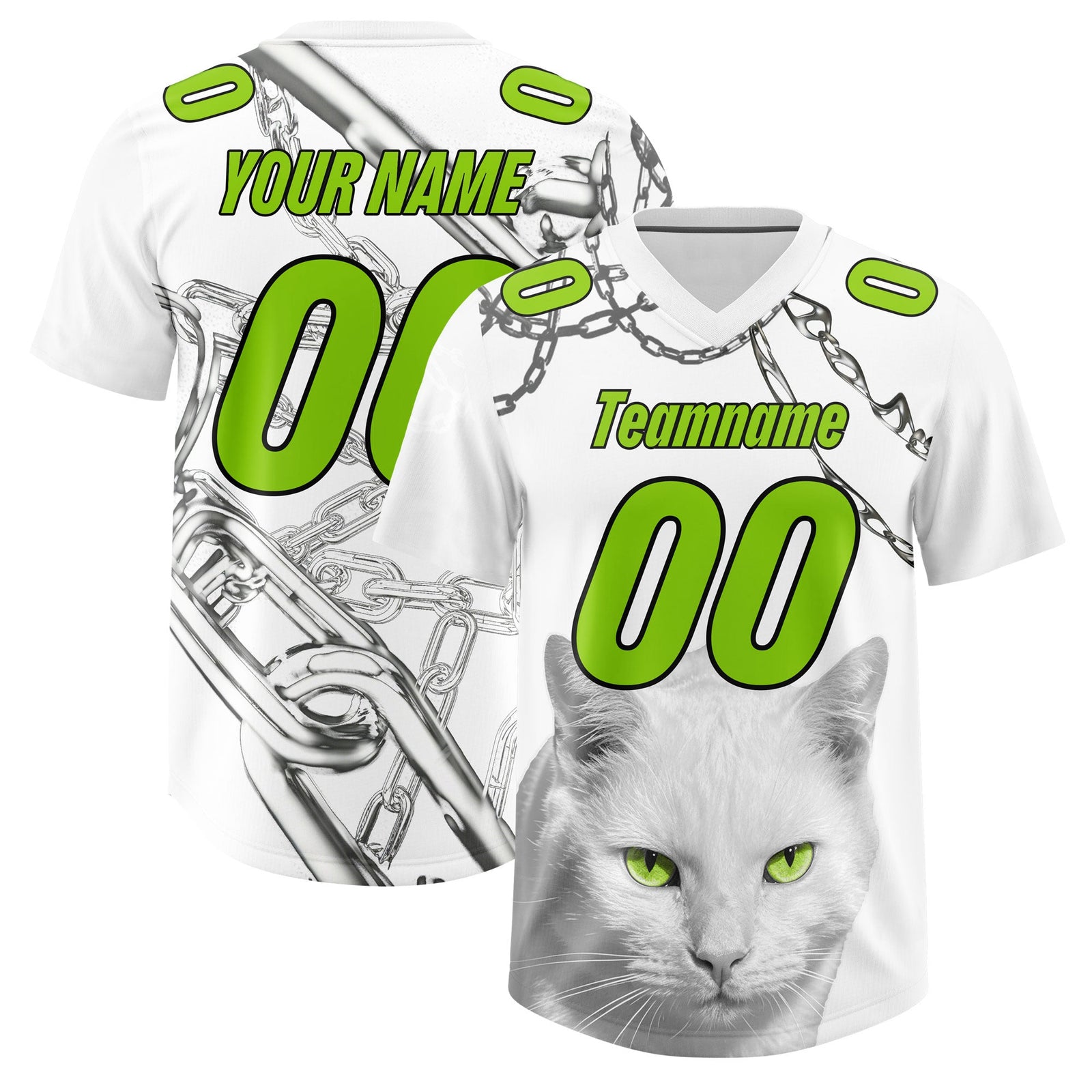 Custom White Neon Green Graffiti Pattern Chains Football Jersey| KXKSHOP