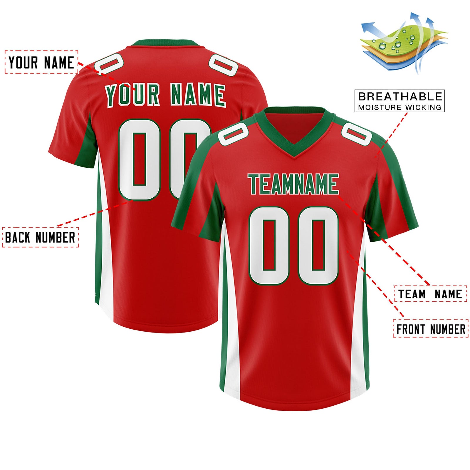 Custom Red Kelly Green Side Stripe Pattern Authentic Football Jersey