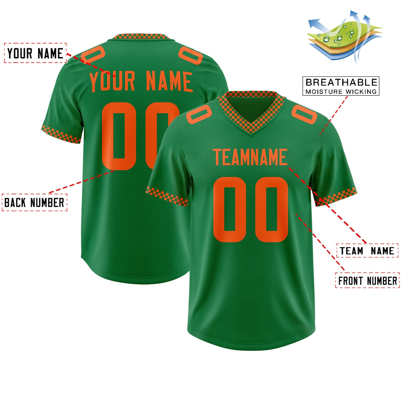Custom Kelly Green Orange Personalized Neckline Square Classic Authentic Football Jersey