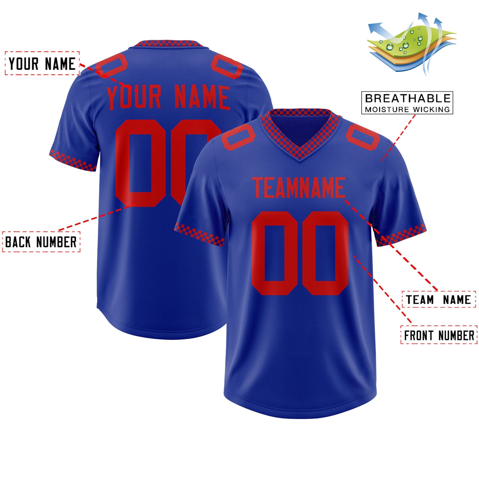 Custom Royal Red Personalized Neckline Square Classic Authentic Football Jersey