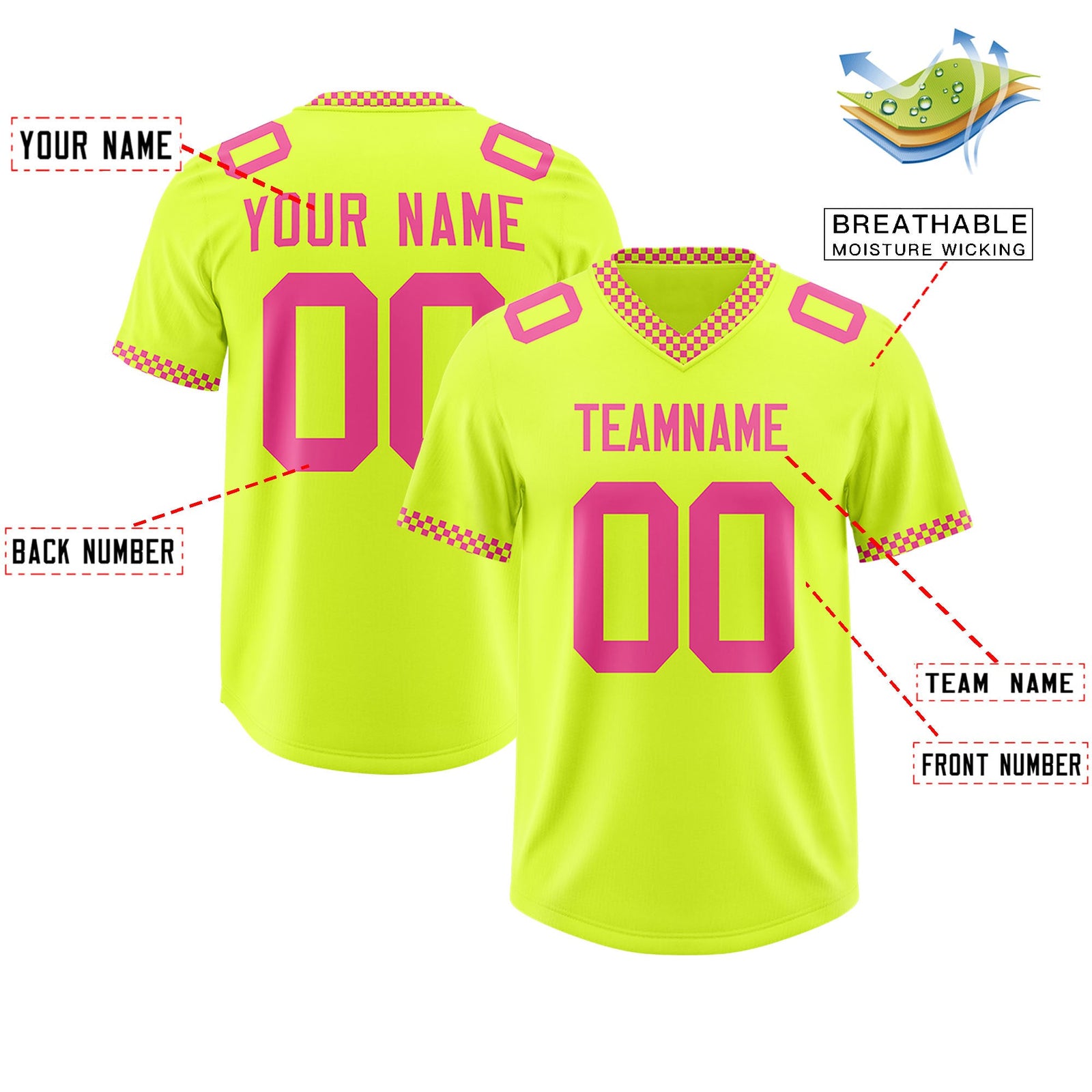 Custom Fluorescent Green Pink Personalized Neckline Square Classic Authentic Football Jersey