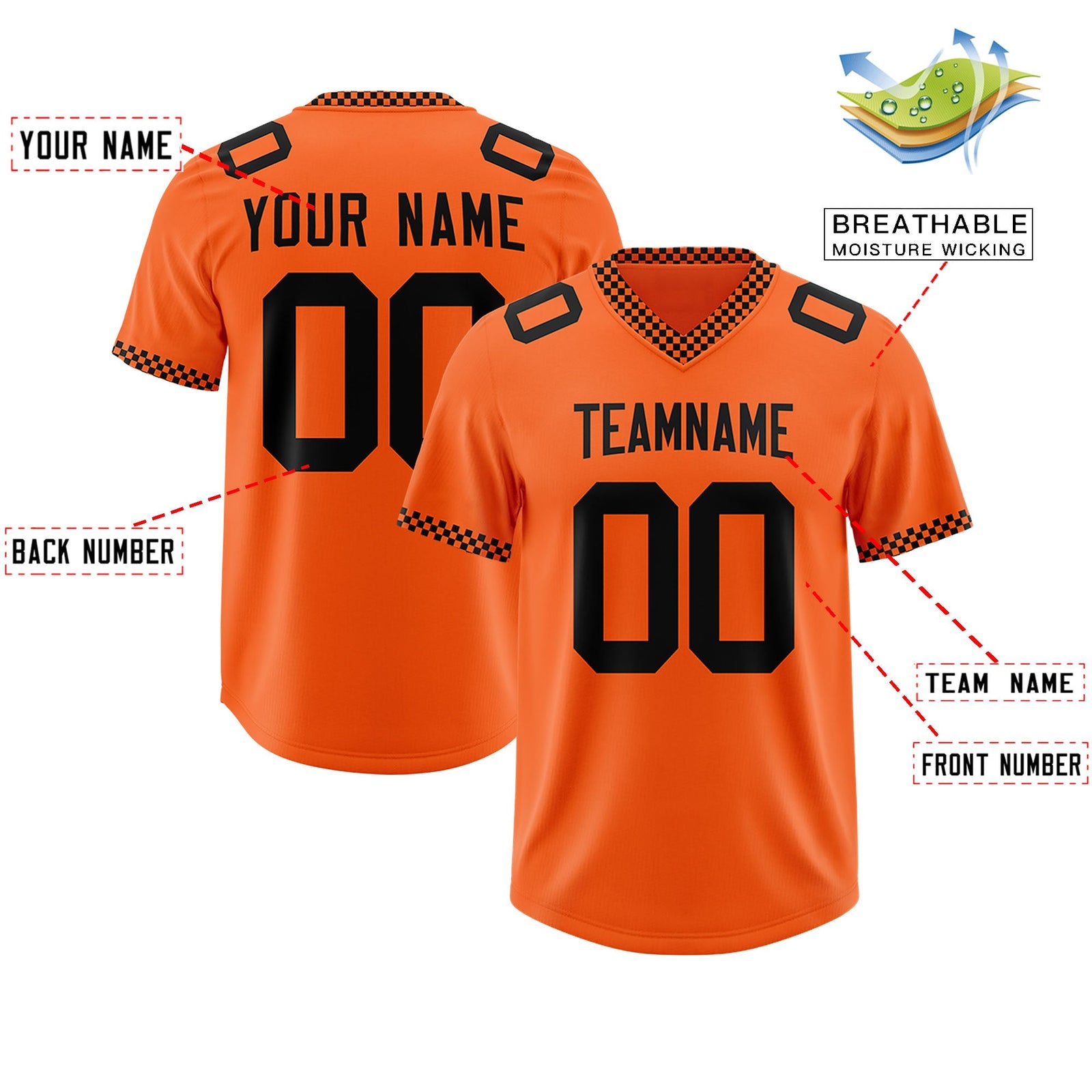 Custom Orange Black Personalized Neckline Square Classic Authentic Football Jersey