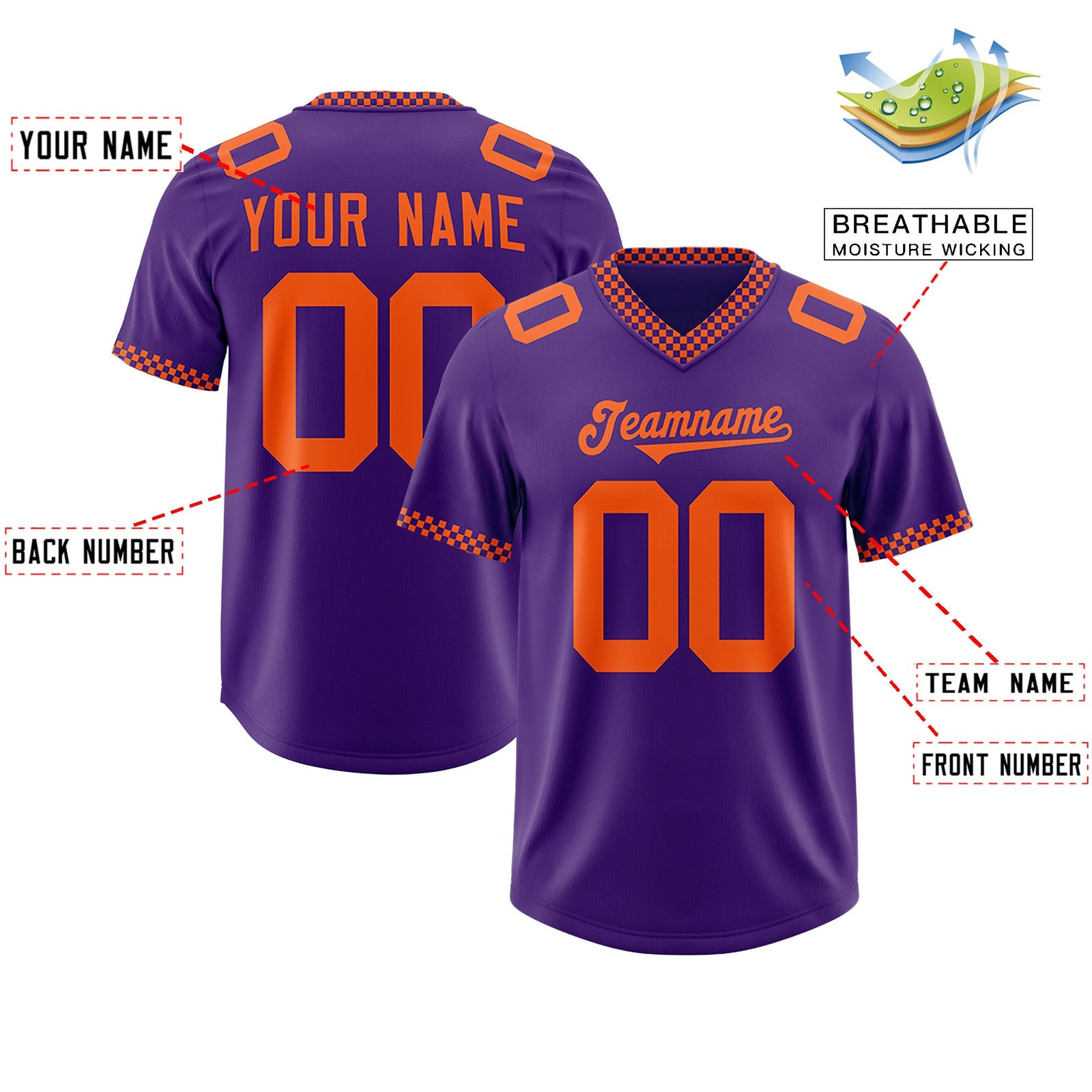 Custom Purple Orange Personalized Neckline Square Classic Authentic Football Jersey