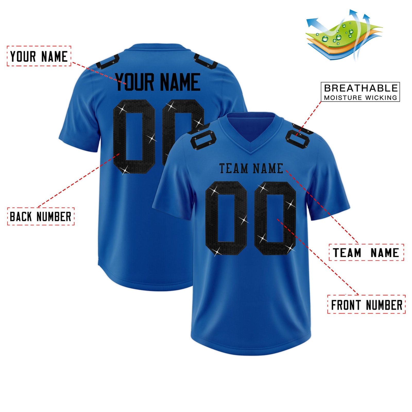 Custom Royal Black sequin lettering Stretch Fabric Football Jersey| KXKSHOP