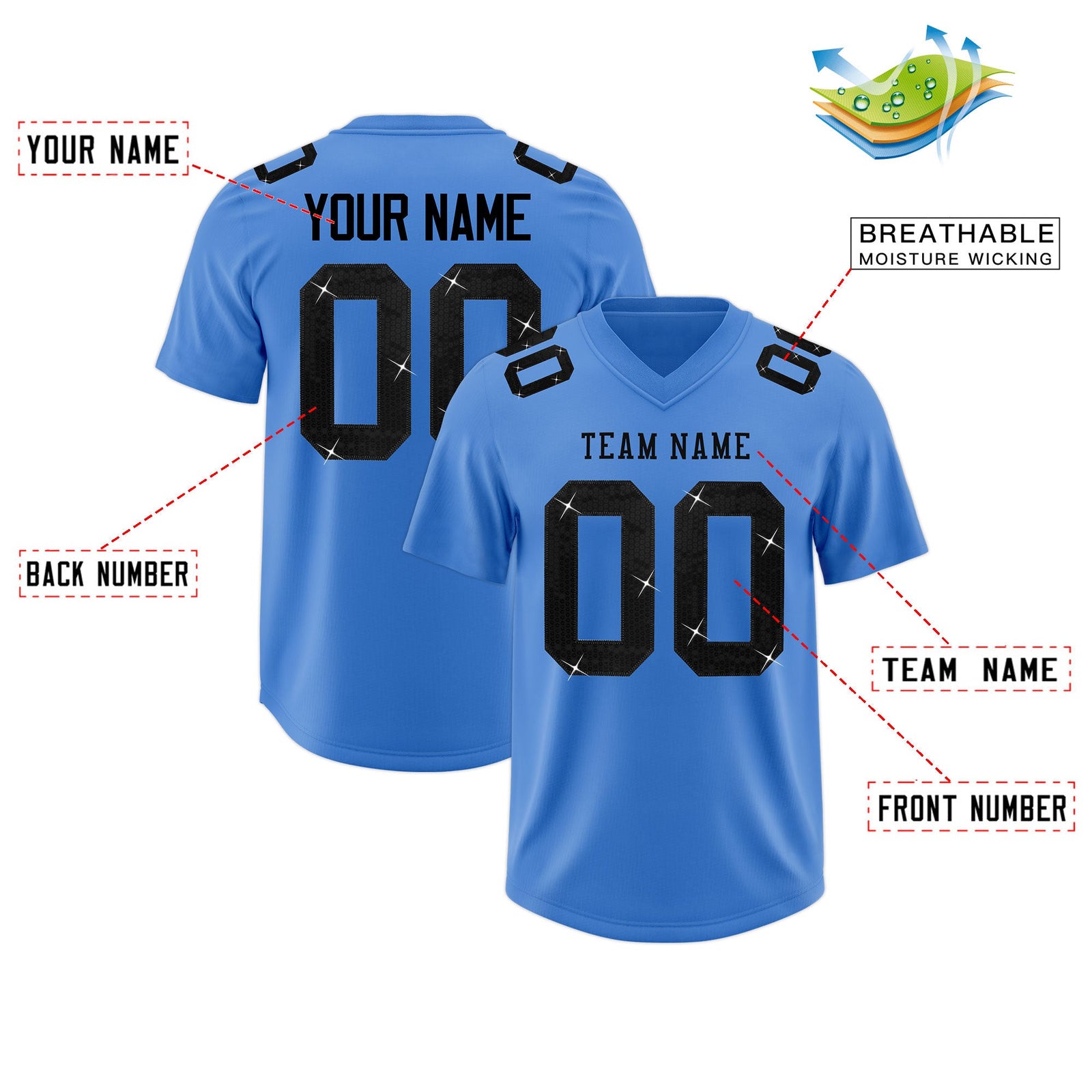 Custom Powder Blue Black sequin lettering Breathable Football Jersey| KXKSHOP