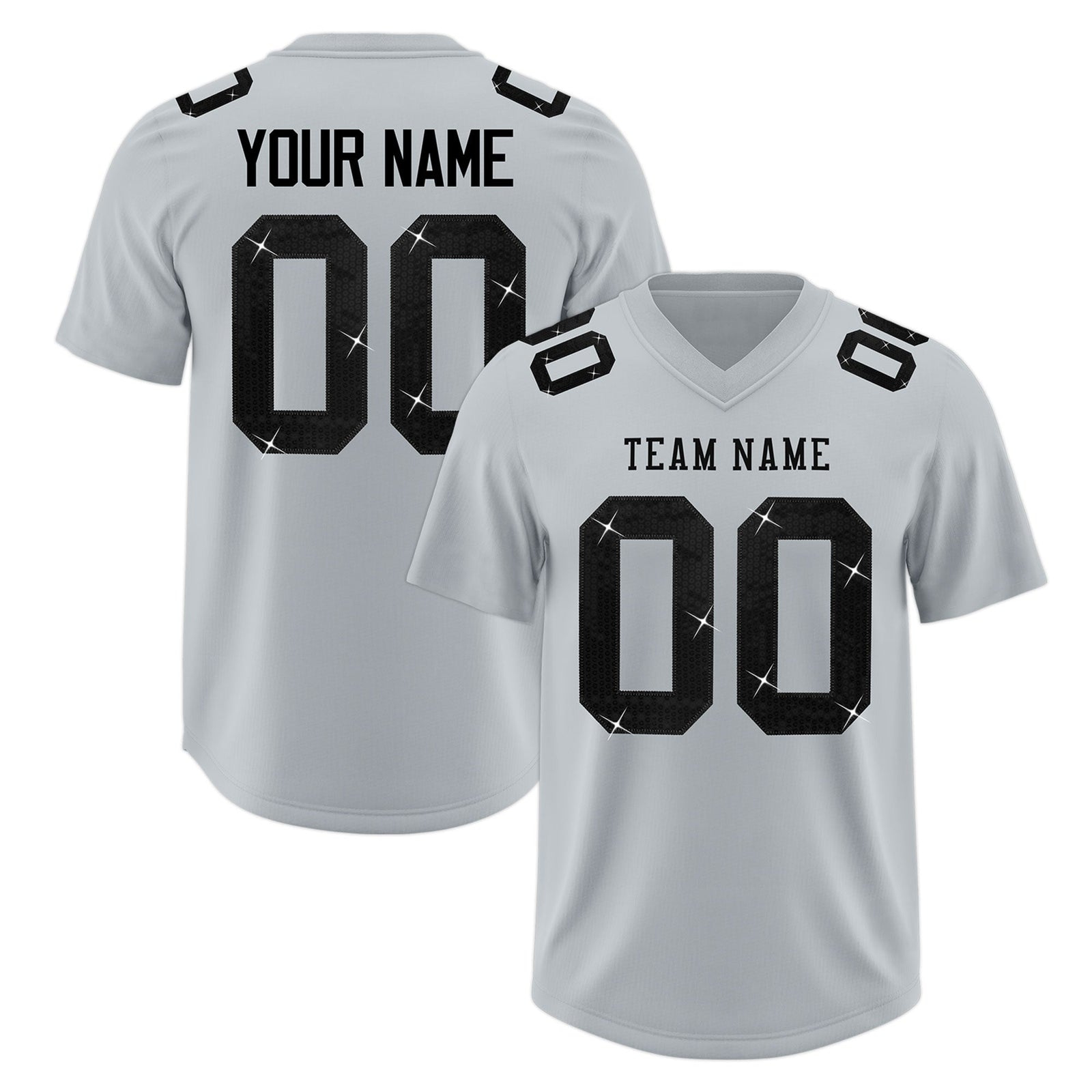 Custom Silver Black sequin lettering Stretch Fabric Football Jersey| KXKSHOP