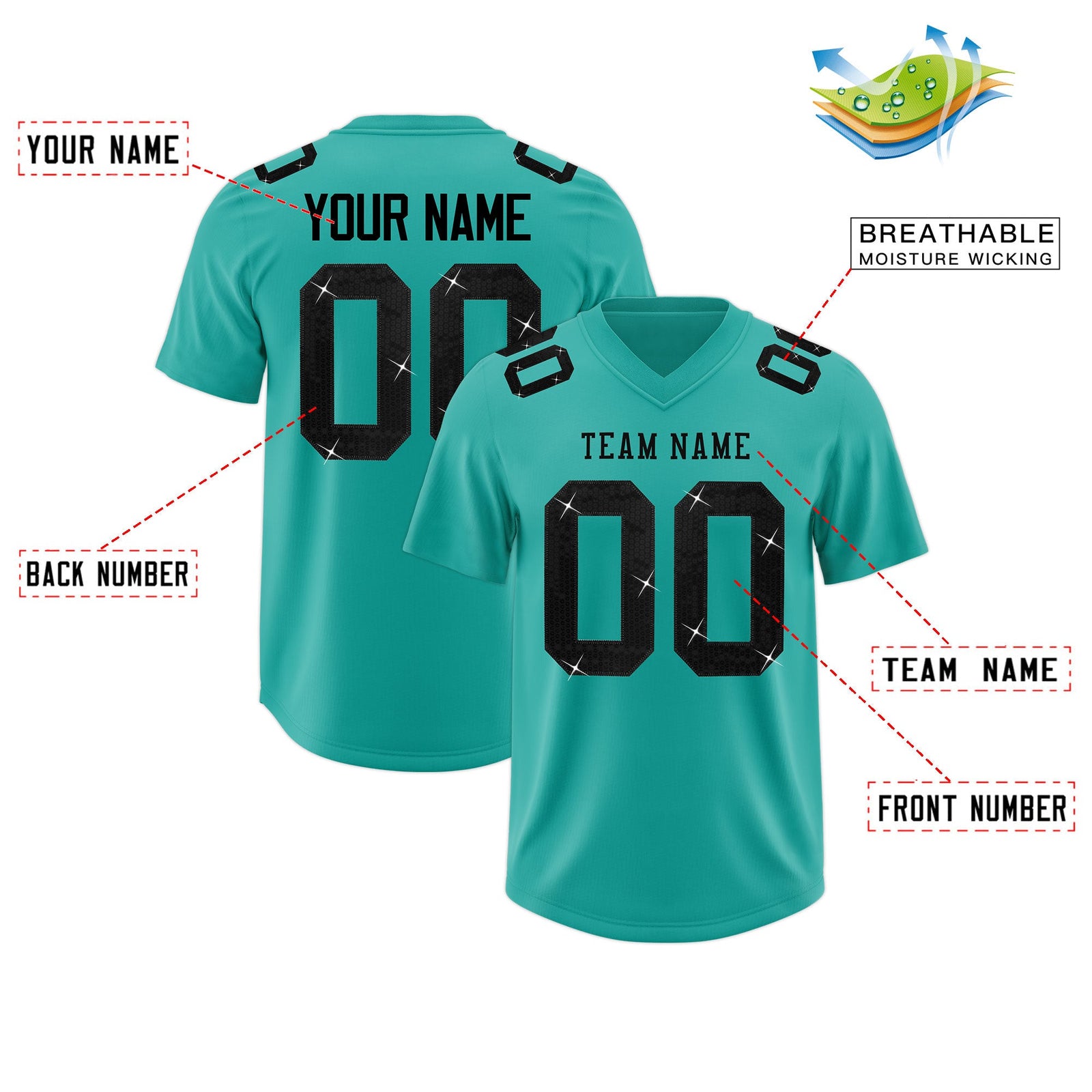 Custom Aqua Black sequin lettering Moisture-Wicking Football Jersey| KXKSHOP