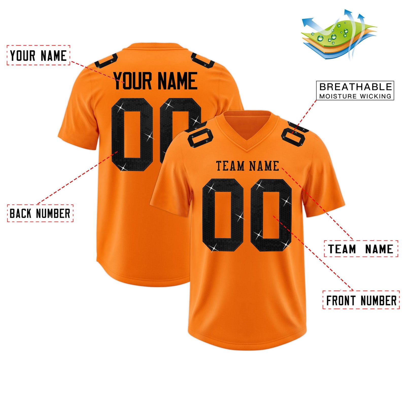 Custom Orange Black sequin lettering Stretch Fabric Football Jersey| KXKSHOP