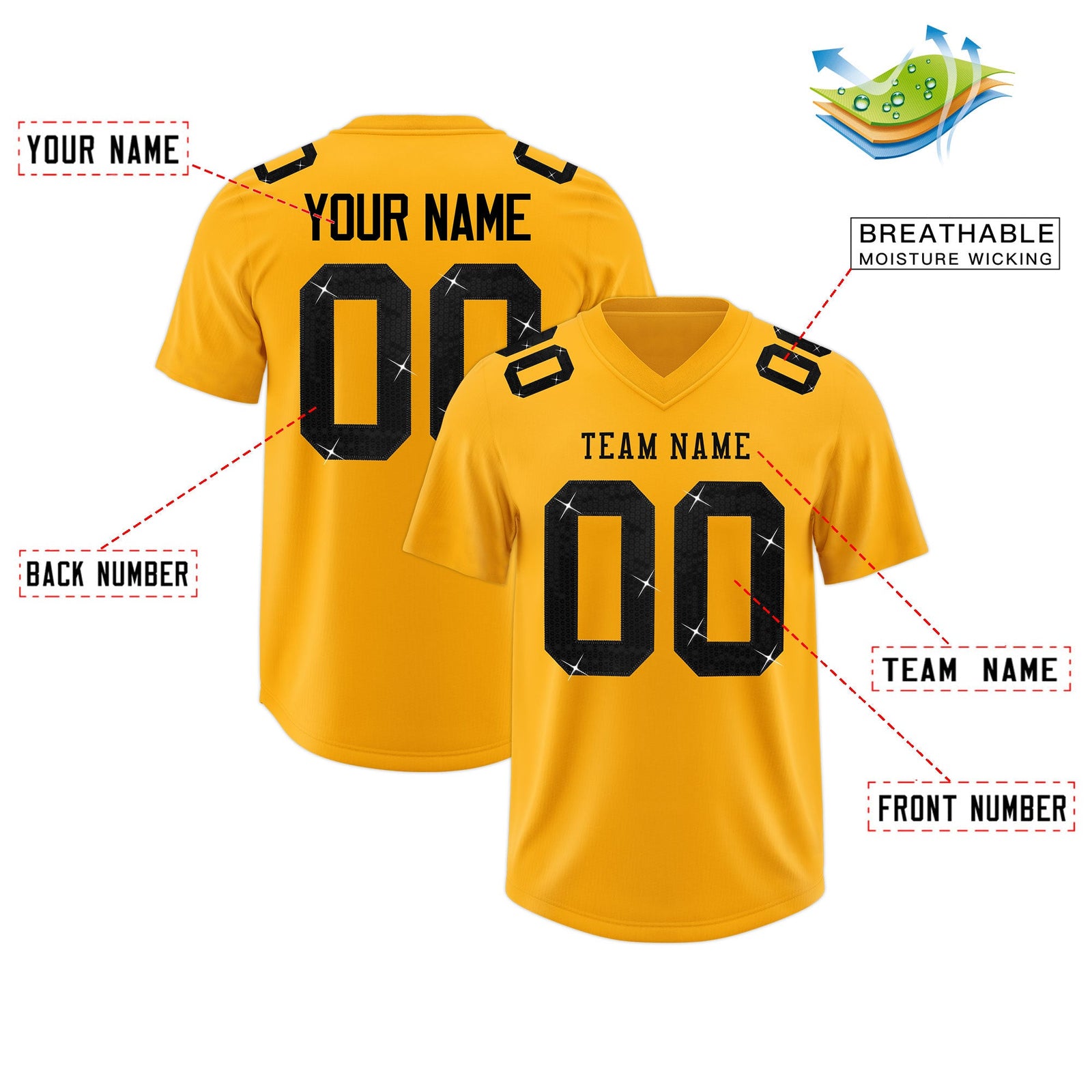 Custom Yellow Black sequin lettering Moisture-Wicking Football Jersey| KXKSHOP