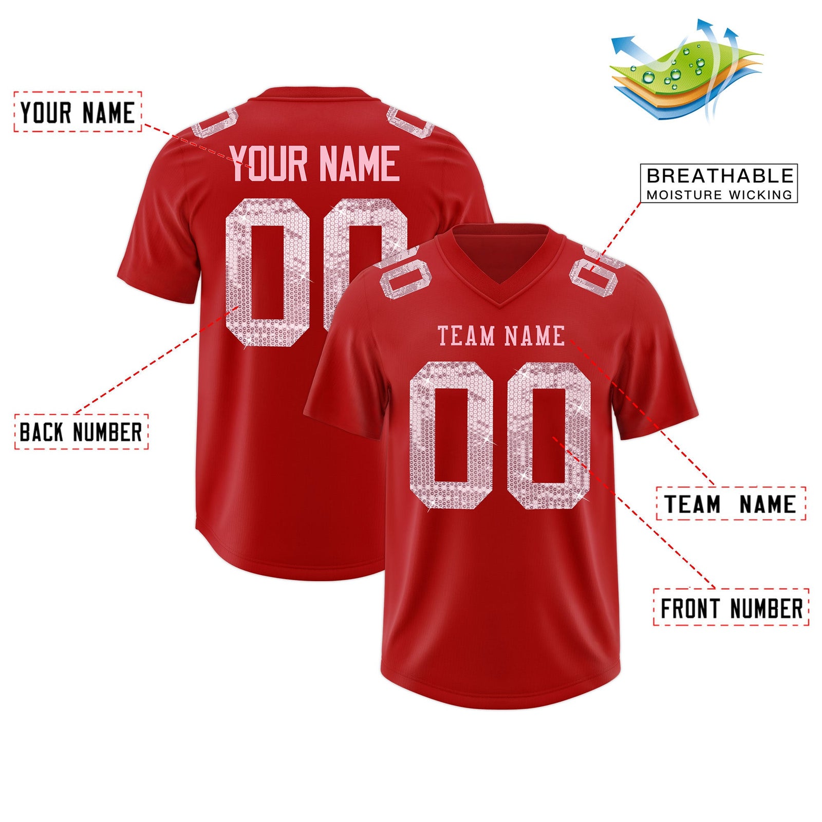 Custom Red Light Pink sequin lettering Breathable Football Jersey| KXKSHOP