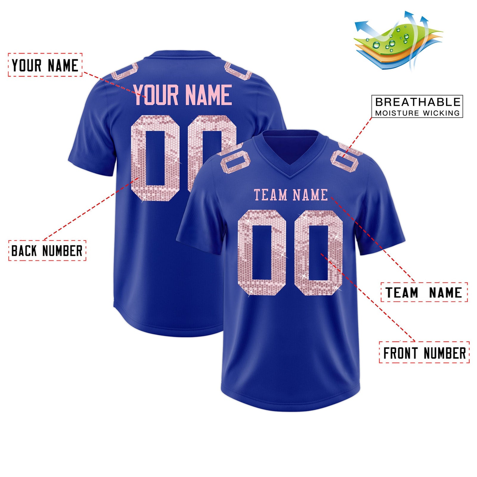 Custom Royal Blue Light Pink sequin lettering Stretch Fabric Football Jersey| KXKSHOP