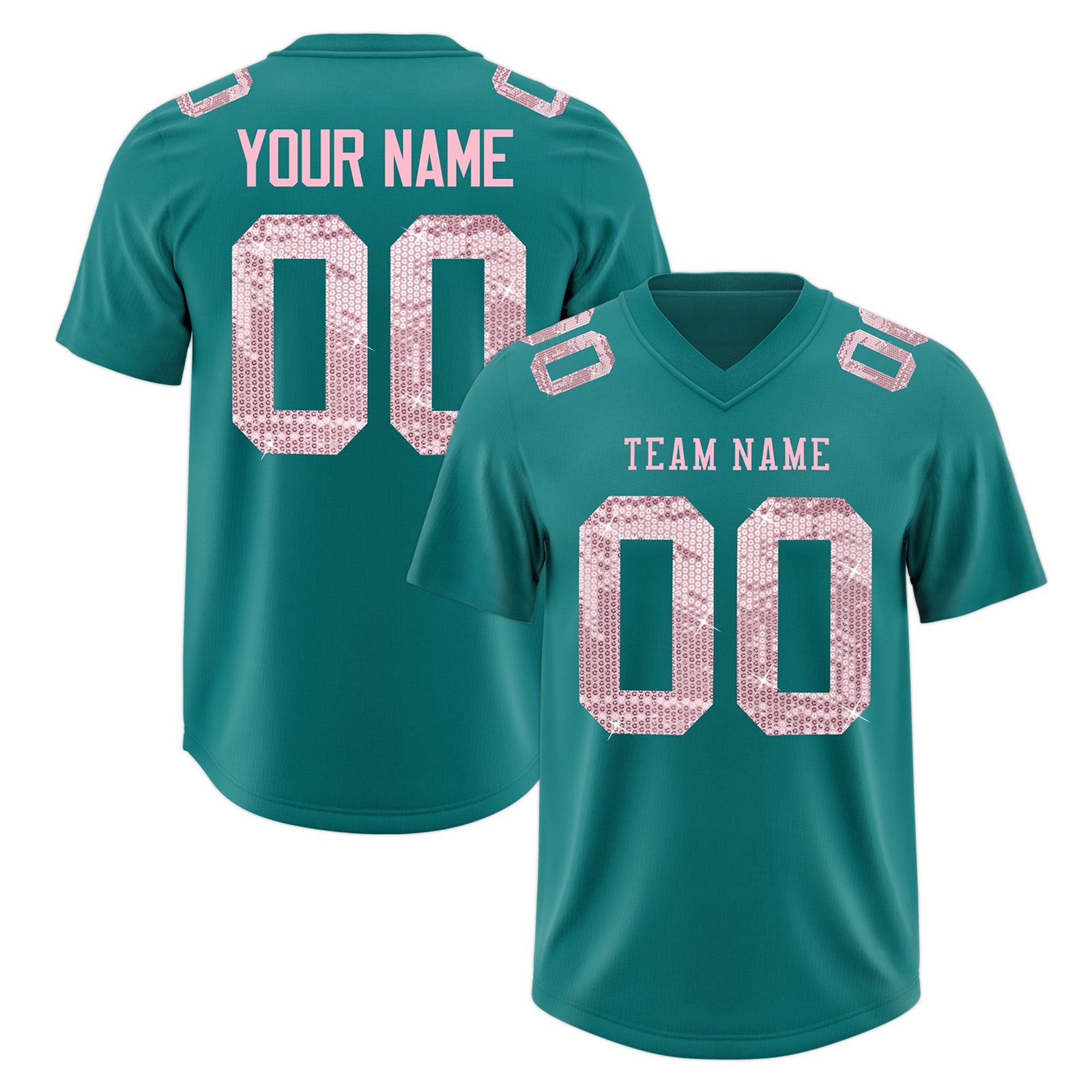 Custom Teal Light Pink sequin lettering Moisture-Wicking Football Jersey| KXKSHOP