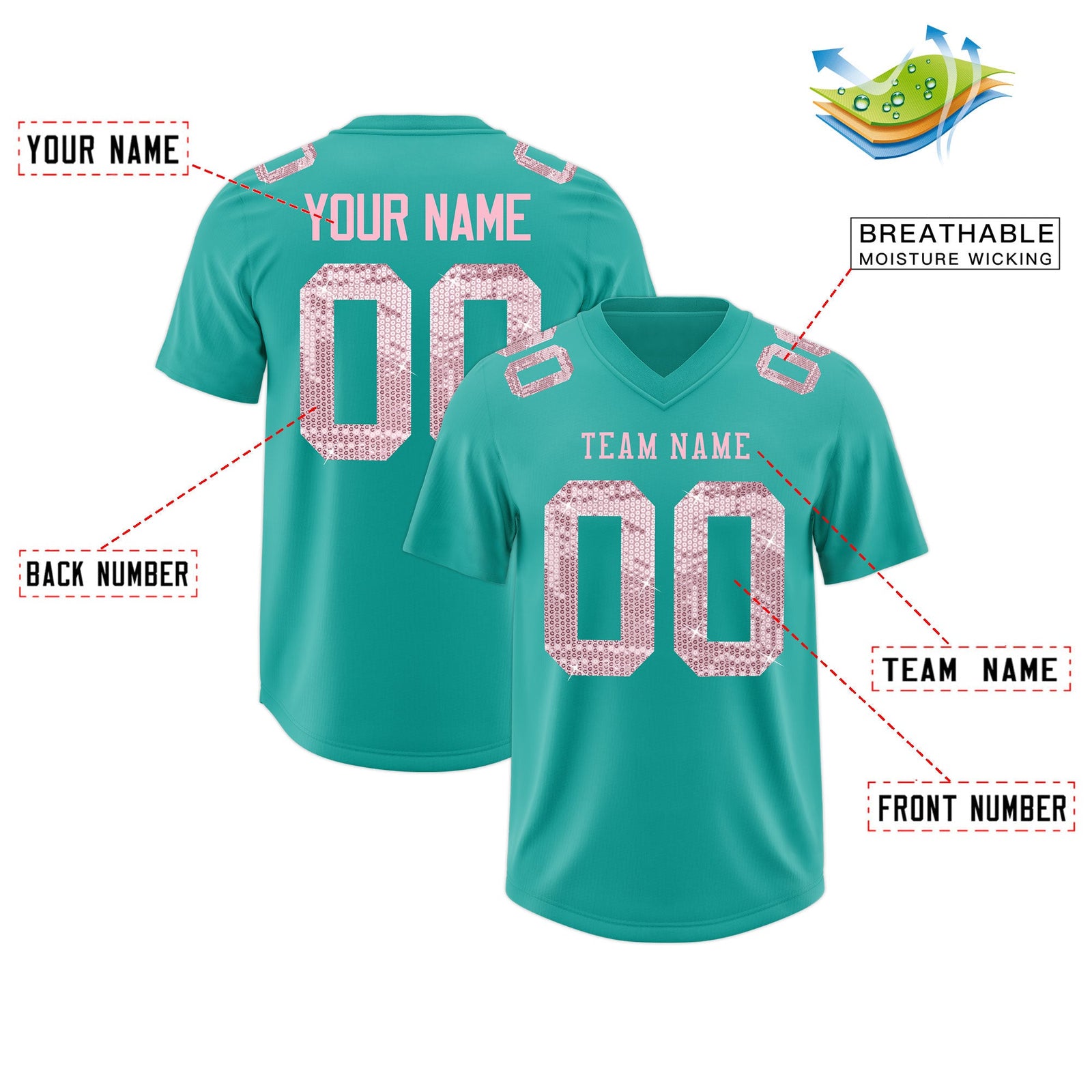 Custom Aqua Light Pink sequin lettering Stretch Fabric Football Jersey| KXKSHOP