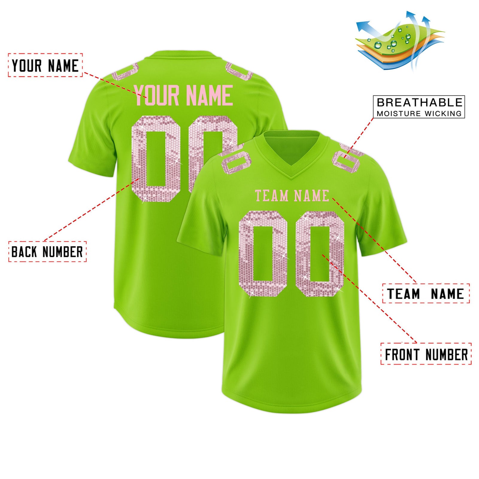 Custom Neon Green Light Pink sequin lettering Moisture-Wicking Football Jersey| KXKSHOP