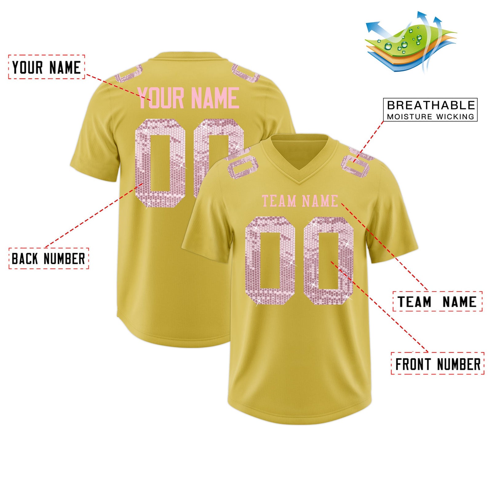 Custom Old Gold Light Pink sequin lettering Breathable Football Jersey| KXKSHOP
