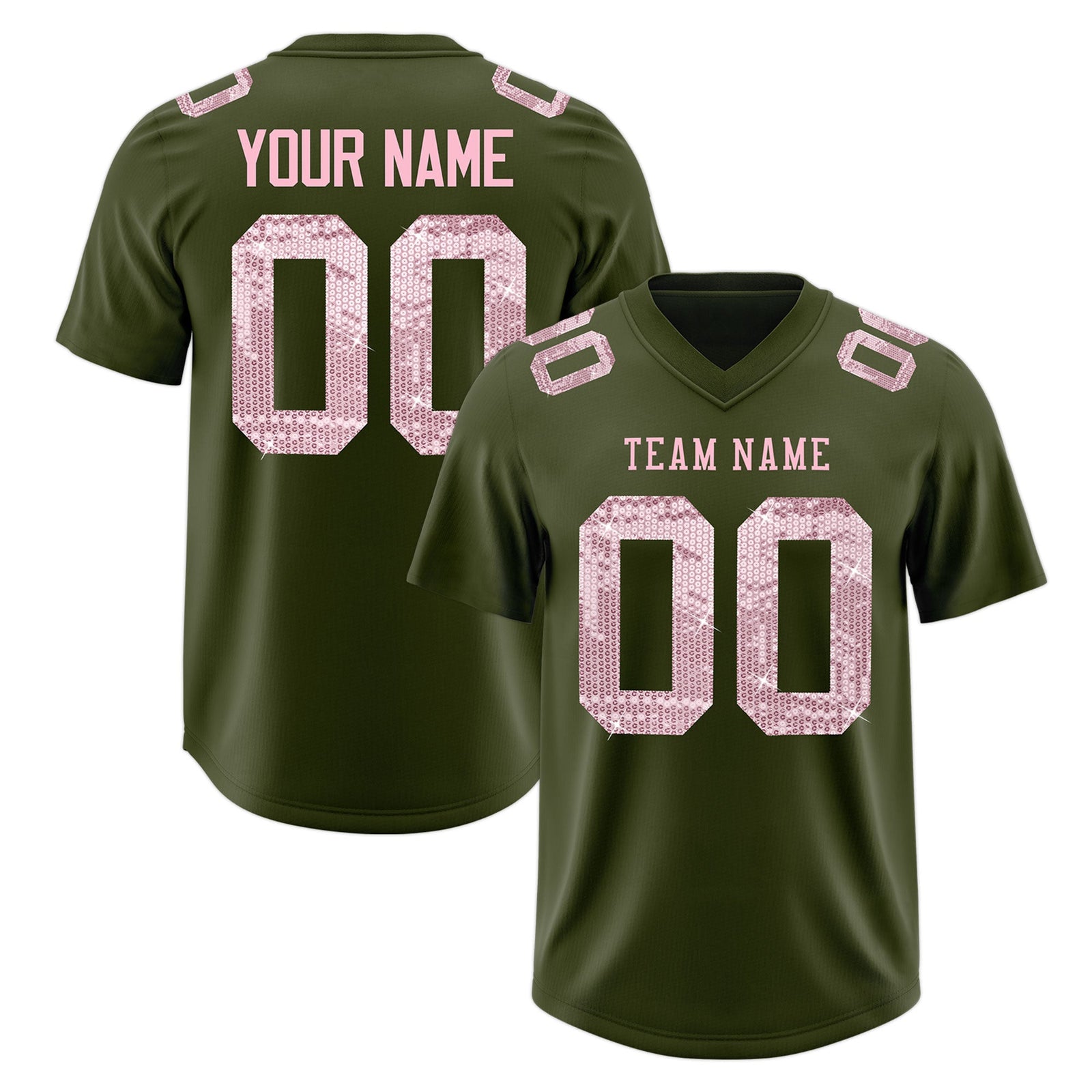 Custom Olive Light Pink sequin lettering Stretch Fabric Football Jersey| KXKSHOP