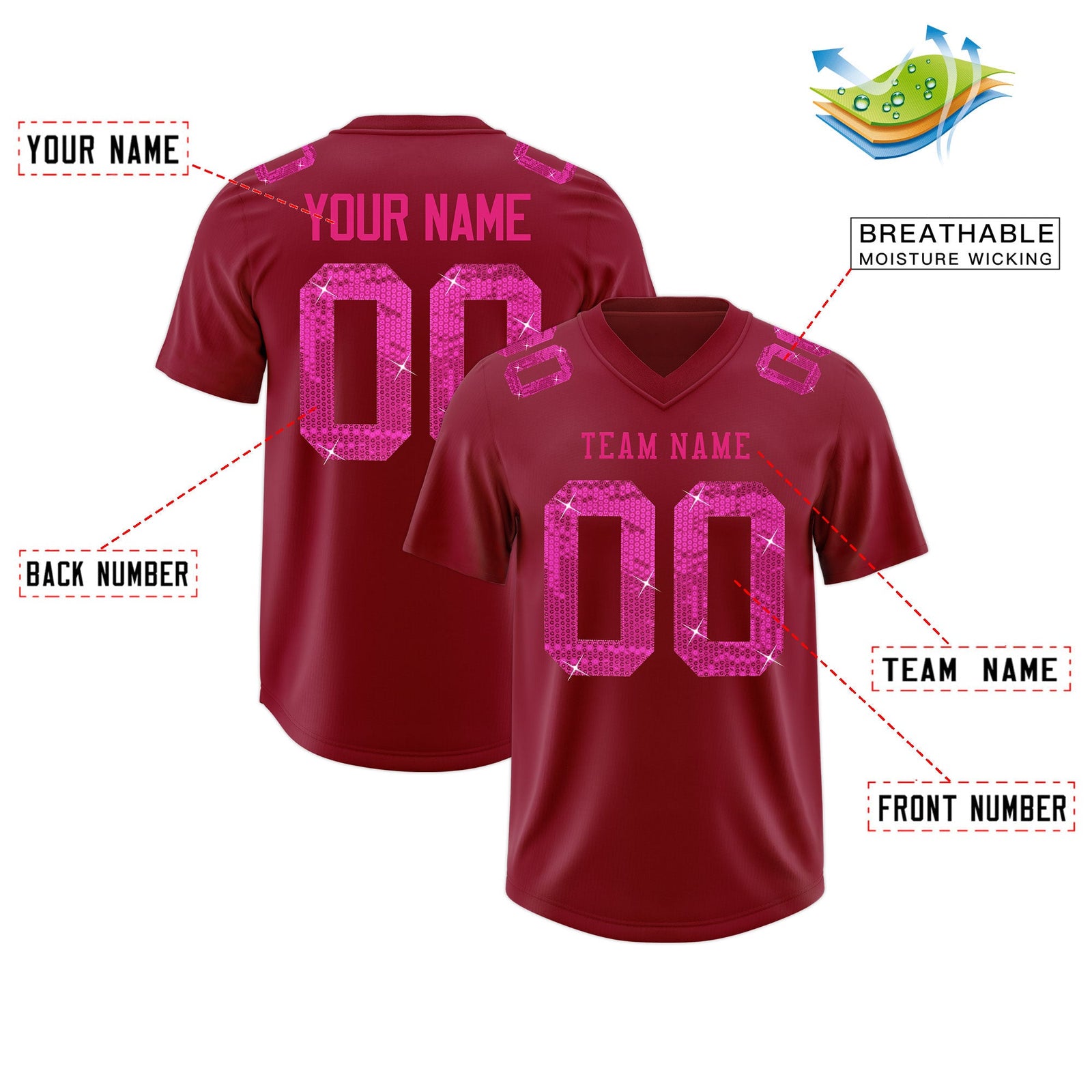 Custom Crimson Pink sequin lettering Breathable Football Jersey| KXKSHOP