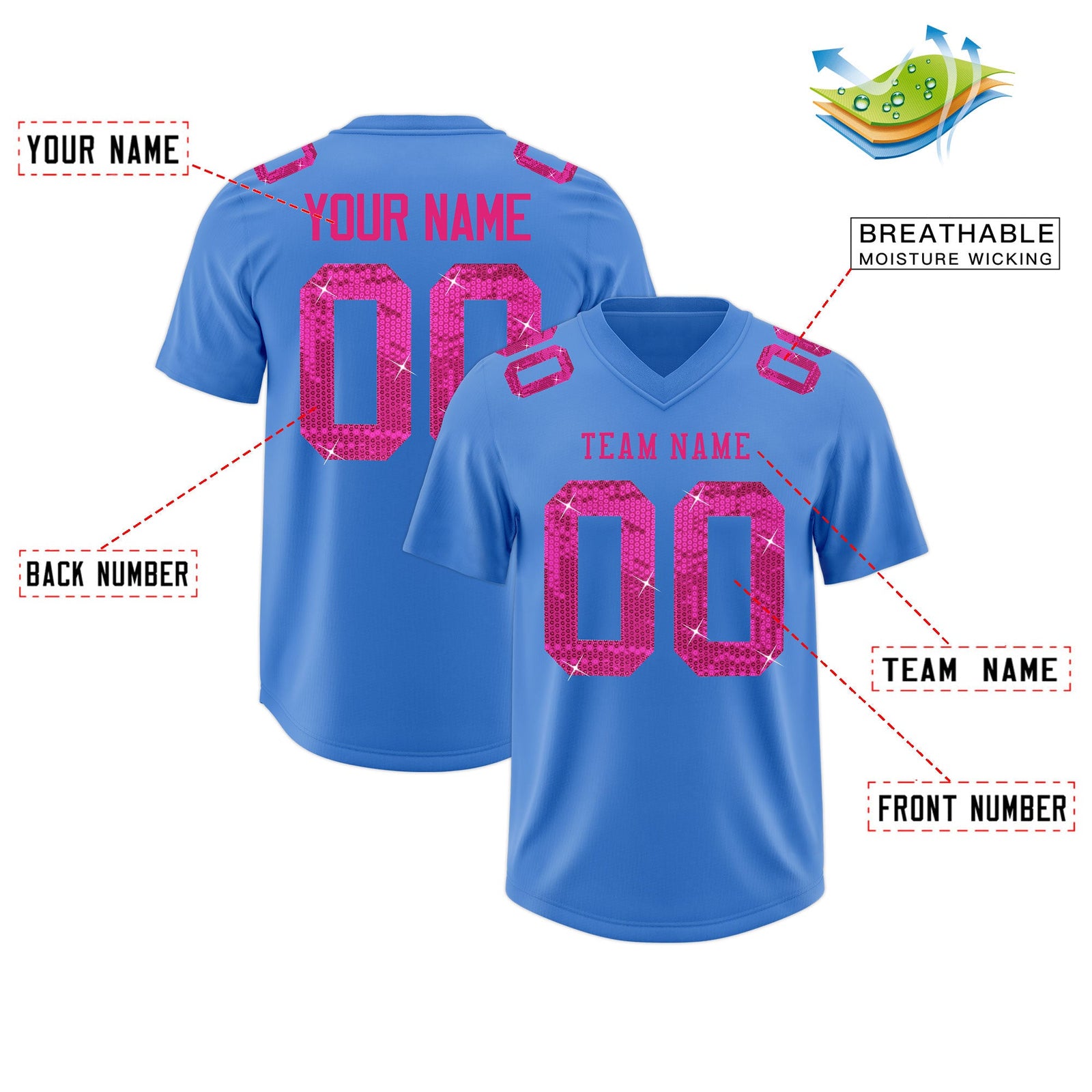 Custom Powder Blue Pink sequin lettering Moisture-Wicking Football Jersey| KXKSHOP
