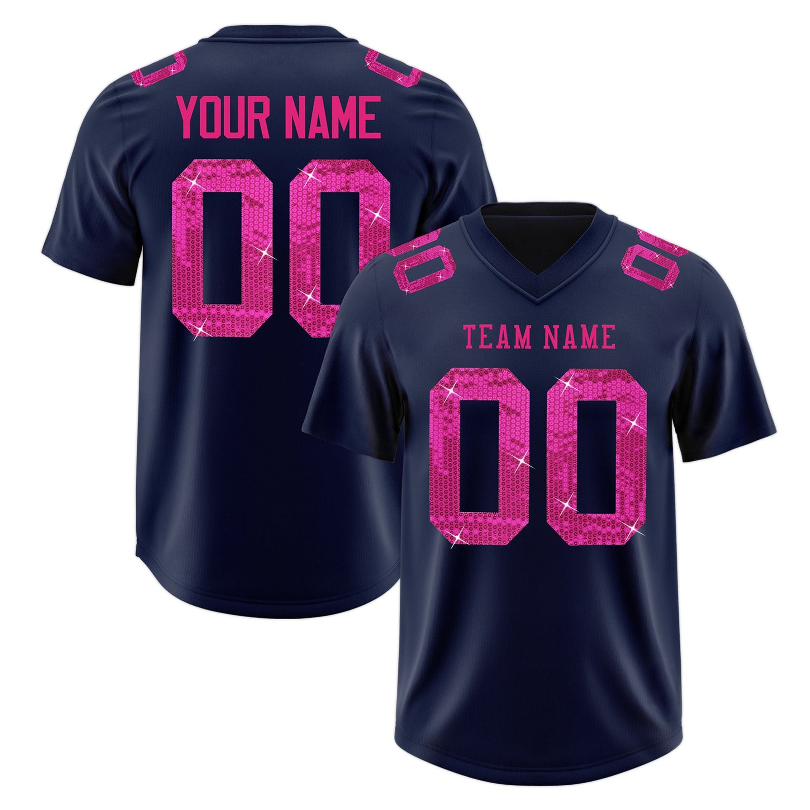 Custom Navy Pink sequin lettering Stretch Fabric Football Jersey| KXKSHOP