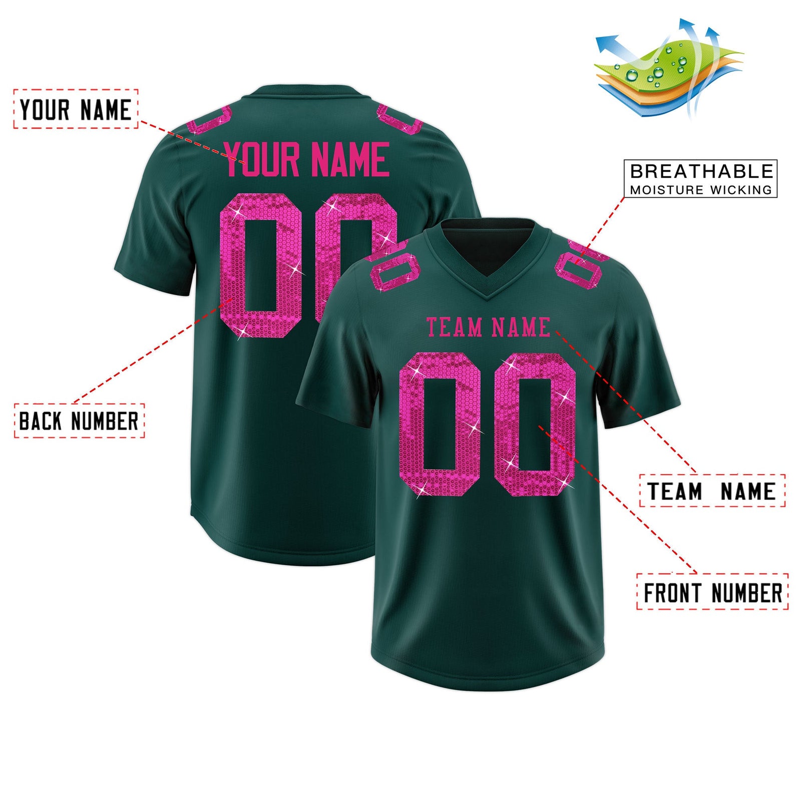 Custom Midnight Green Pink sequin lettering Moisture-Wicking Football Jersey| KXKSHOP