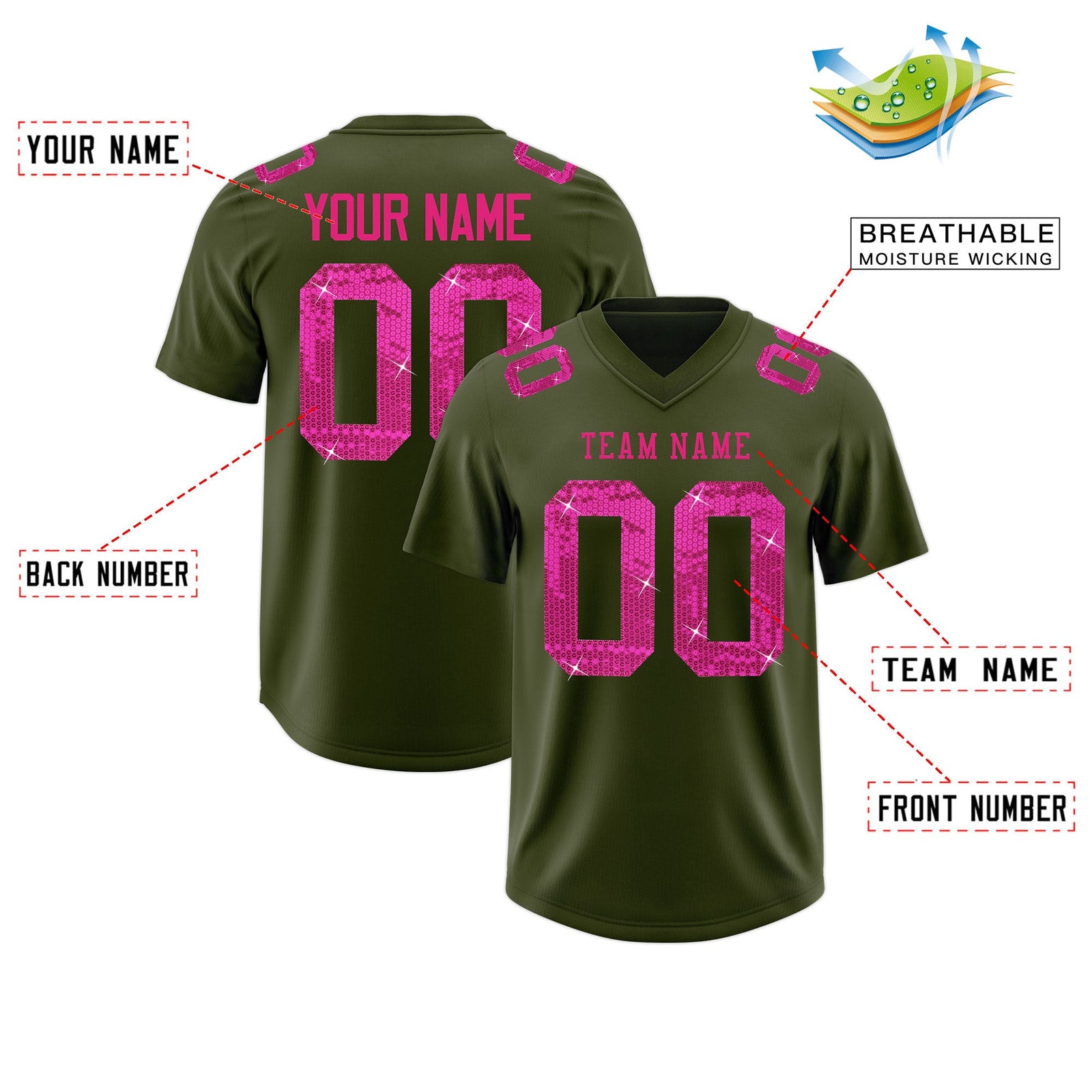 Custom Olive Pink sequin lettering Stretch Fabric Football Jersey| KXKSHOP