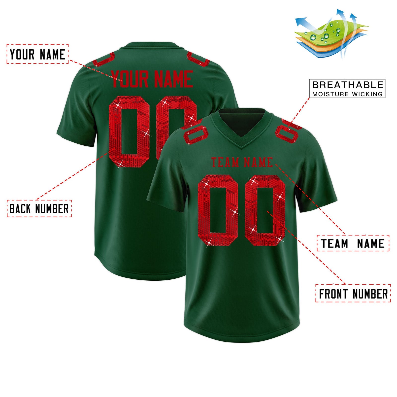 Custom Dark Green Red sequin lettering Stretch Fabric Football Jersey| KXKSHOP