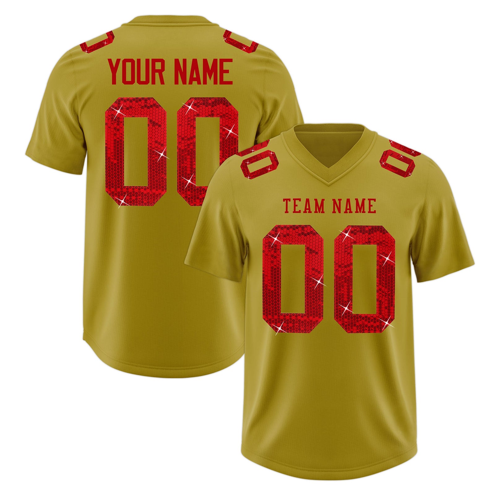 Custom Old Gold Red sequin lettering Stretch Fabric Football Jersey| KXKSHOP