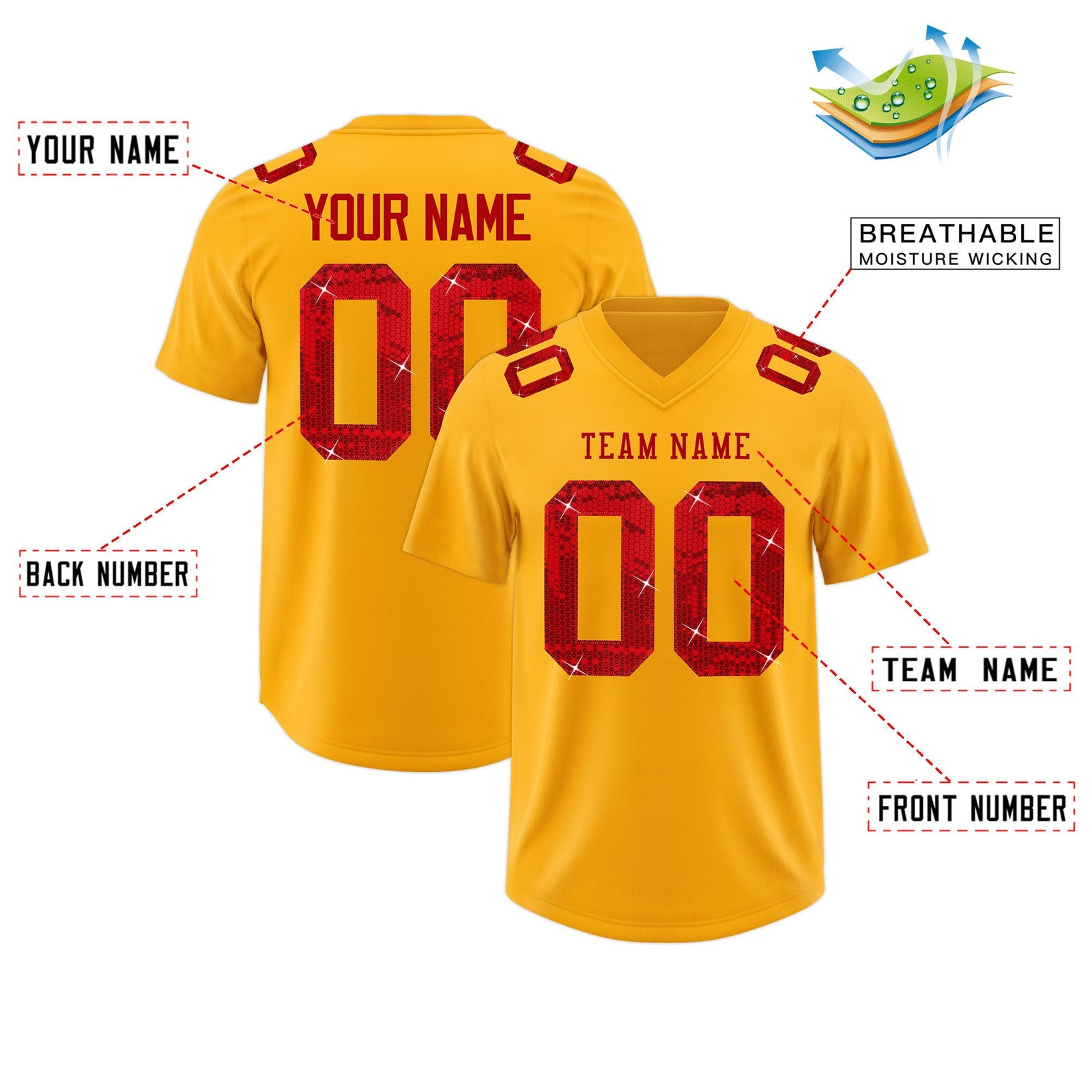 Custom Yellow Red sequin lettering Breathable Football Jersey| KXKSHOP