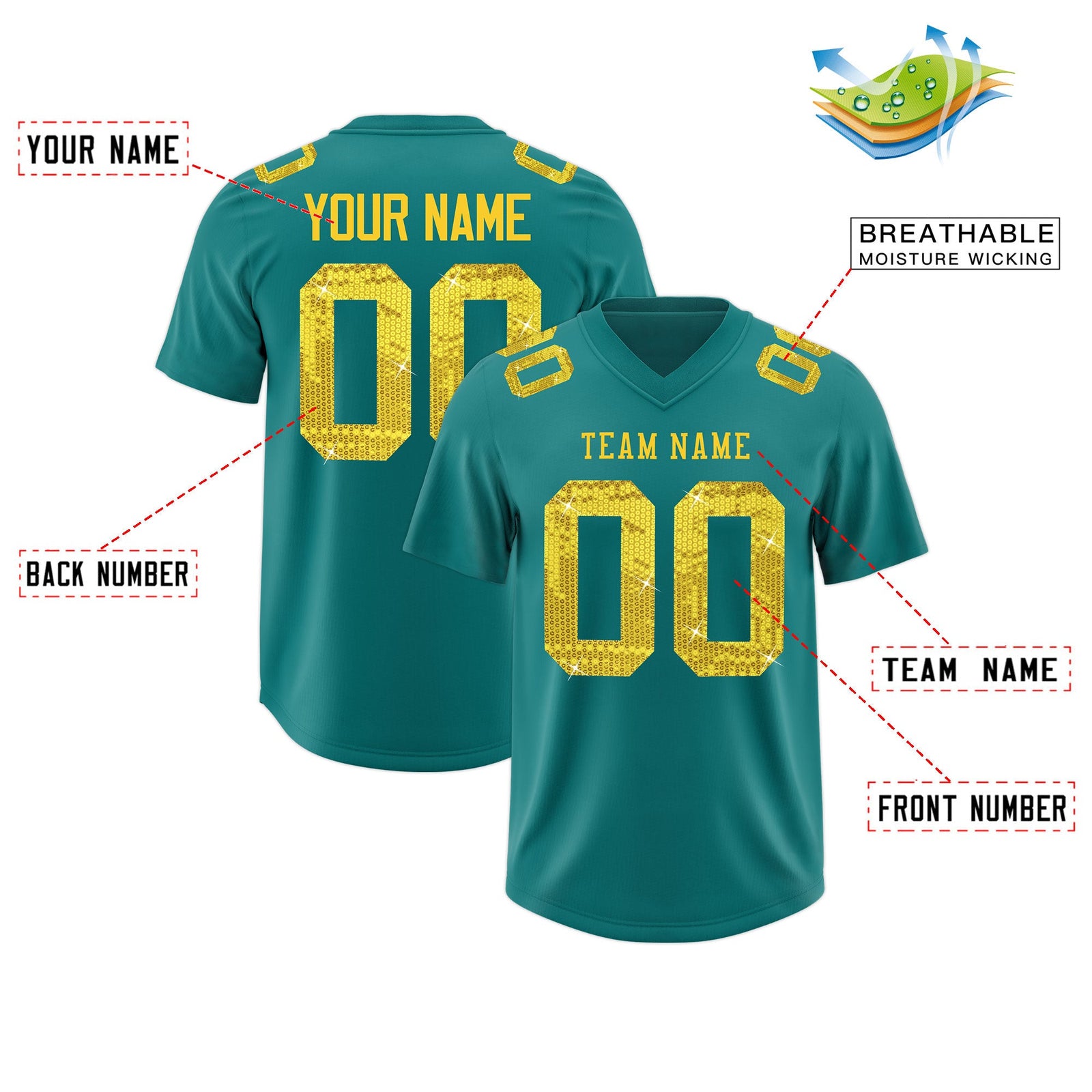 Custom Teal Gold sequin lettering Breathable Football Jersey| KXKSHOP