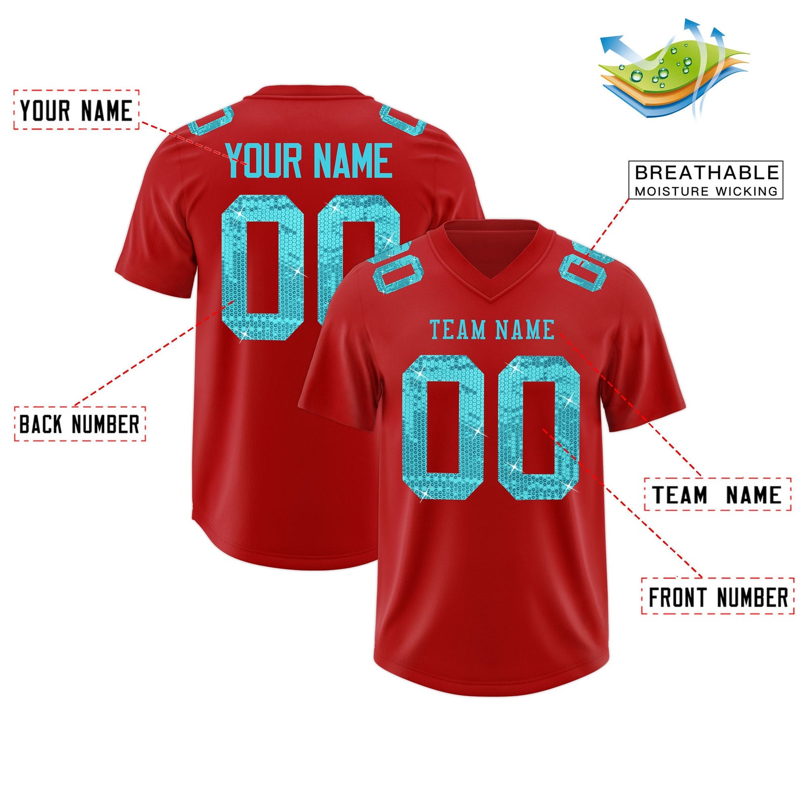 Custom Red Sky Blue sequin lettering Stretch Fabric Football Jersey| KXKSHOP