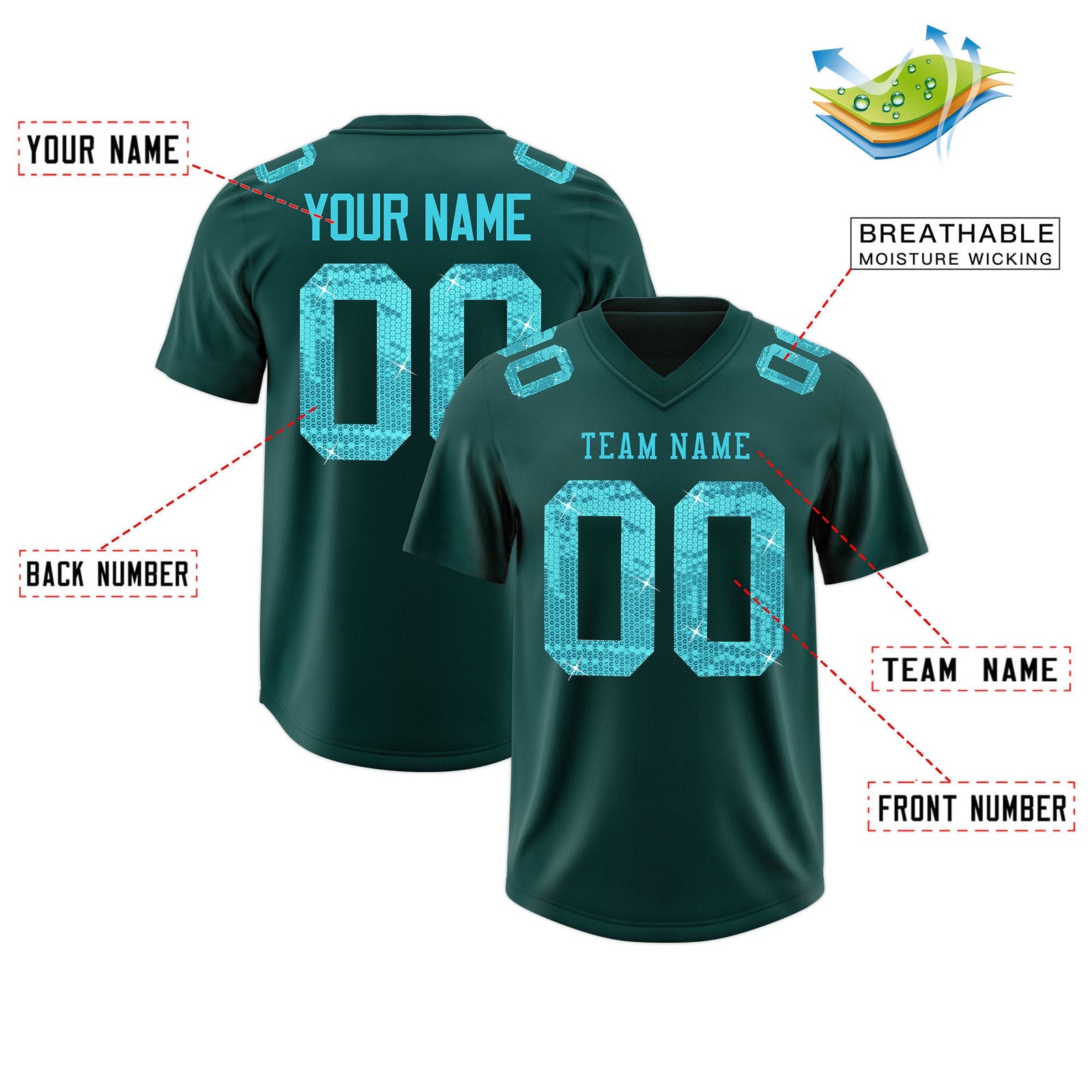 Custom Midnight Green Sky Blue sequin lettering Moisture-Wicking Football Jersey| KXKSHOP